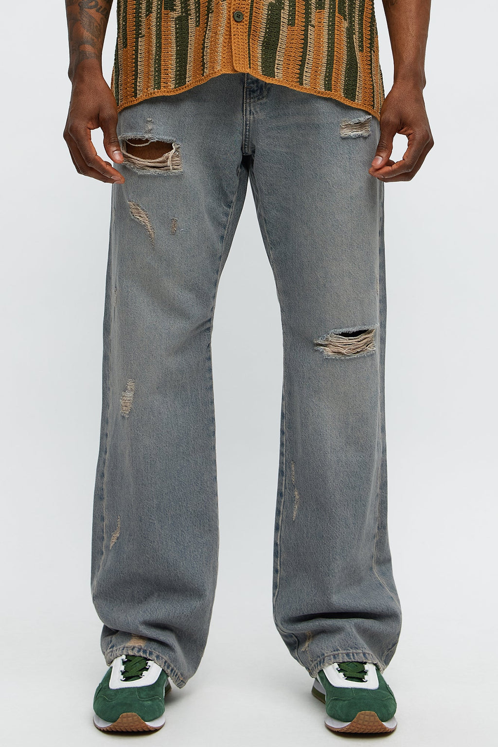 Don't Quit Ripped Stacked Slim Flare Jeans - Vintage Blue Wash