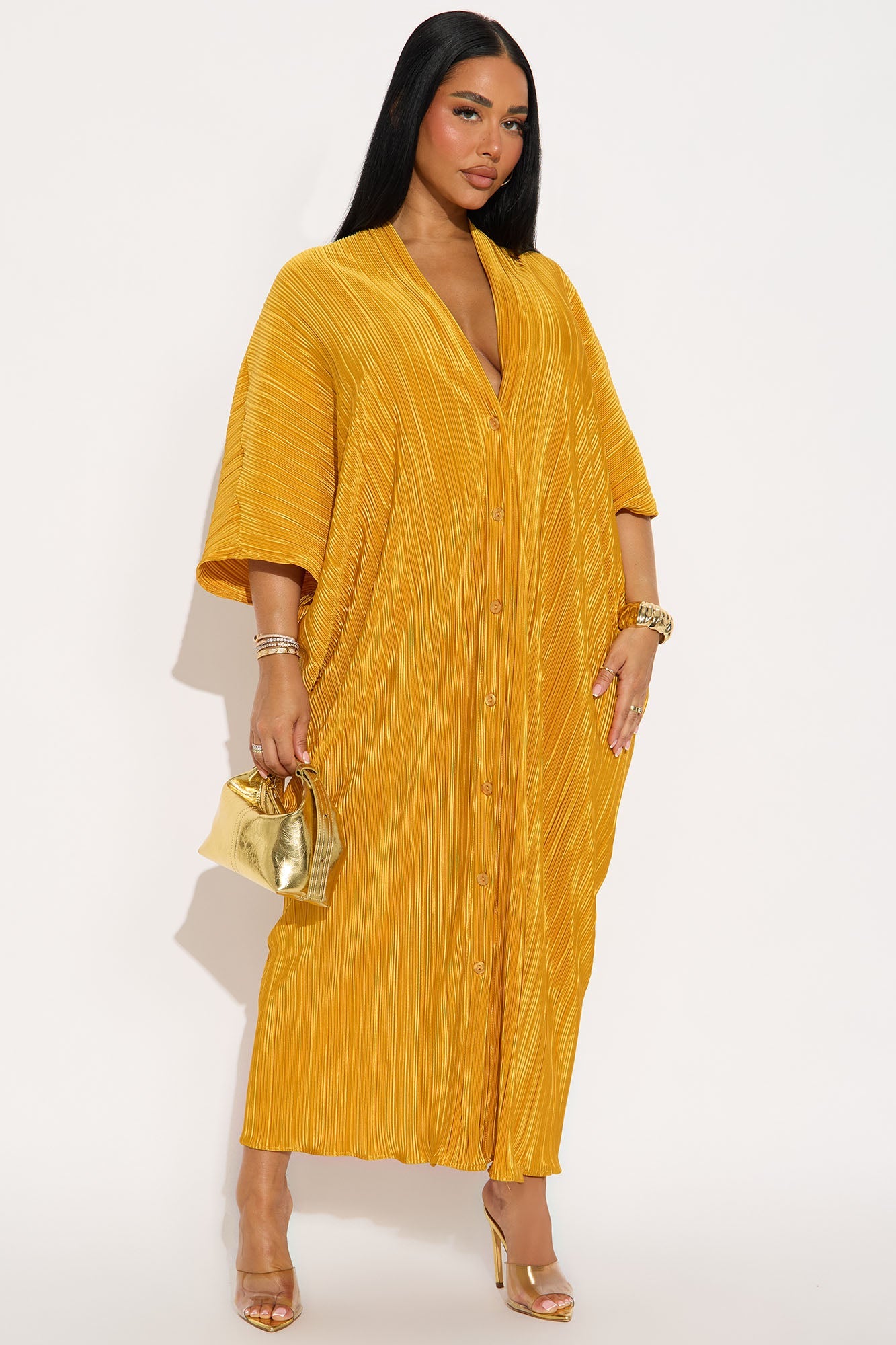 Isa Plisse Maxi Shirt Dress - Mustard
