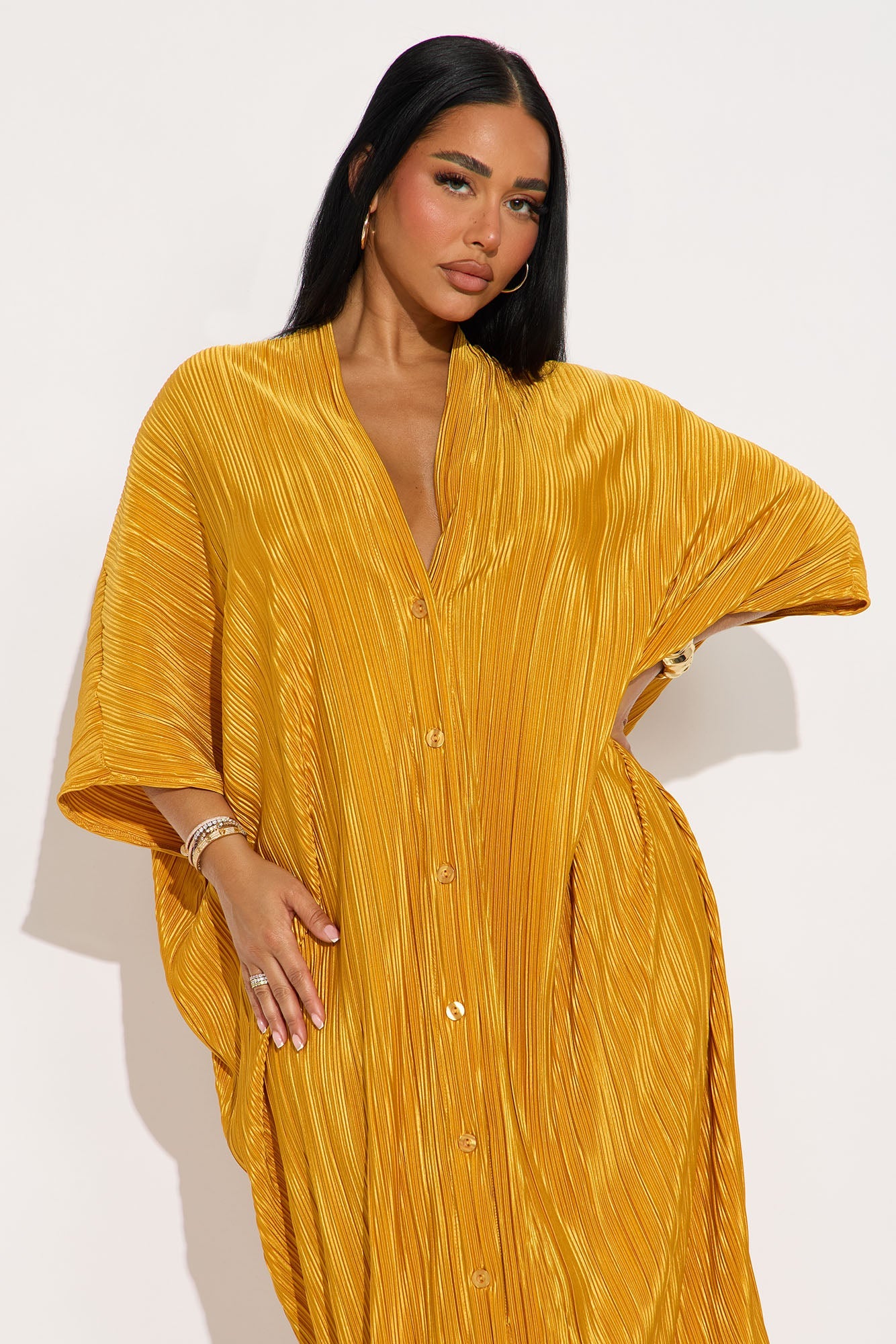 Isa Plisse Maxi Shirt Dress - Mustard