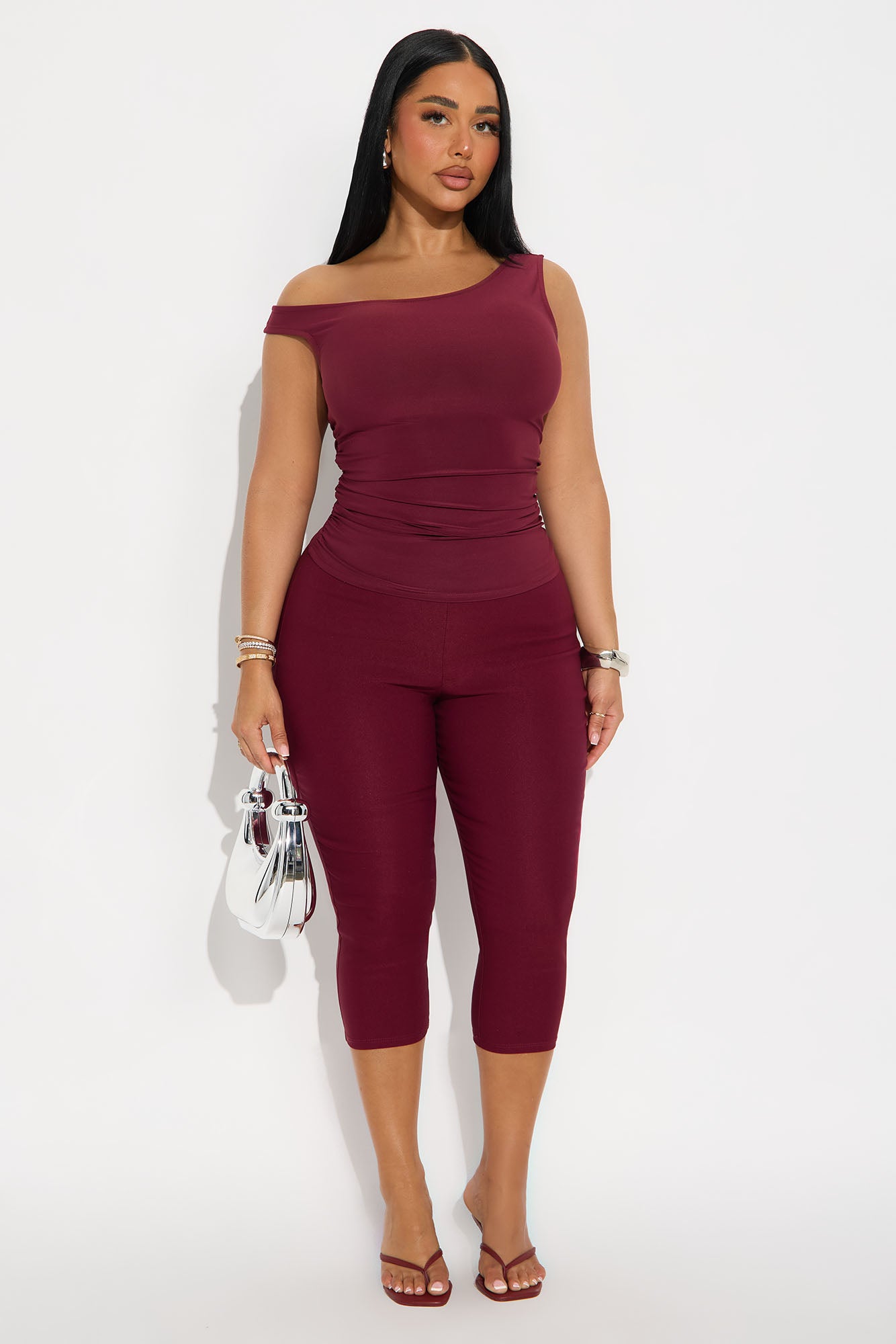 Ingrid Ruched Open Back Off Shoulder Top - Burgundy