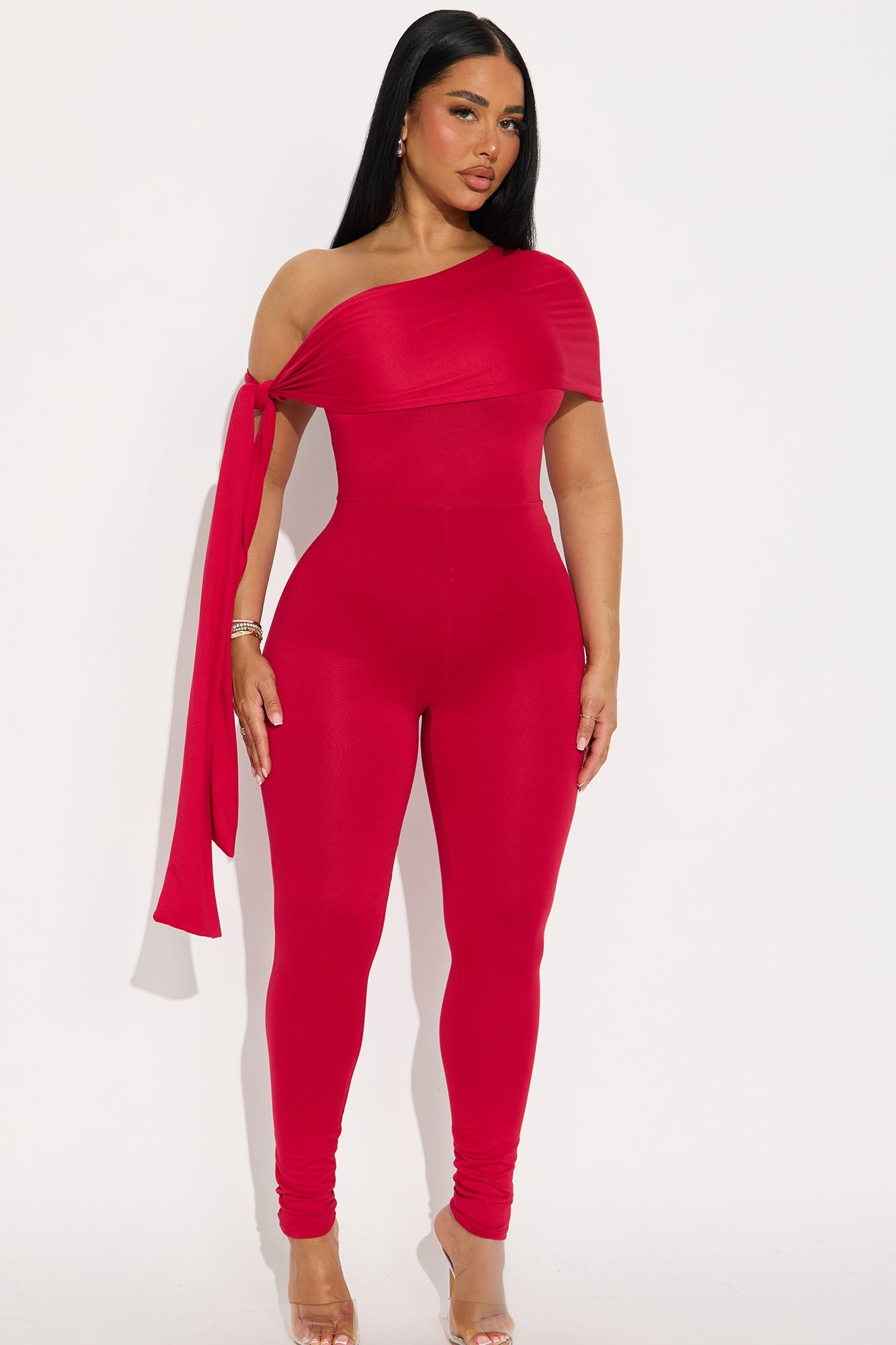 Moonlit Hour Off Shoulder Skinny Jumpsuit - Red