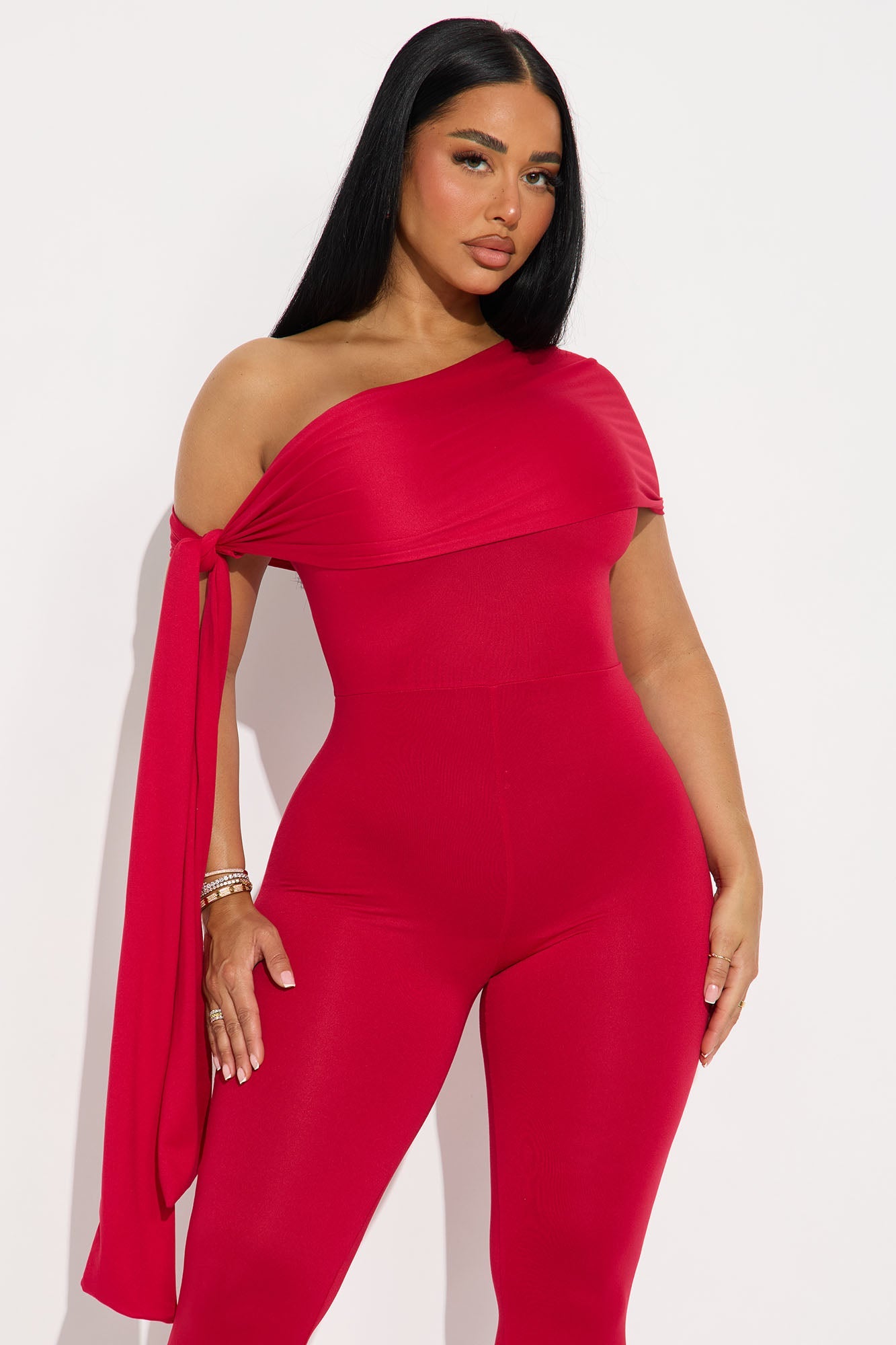 Moonlit Hour Off Shoulder Skinny Jumpsuit - Red