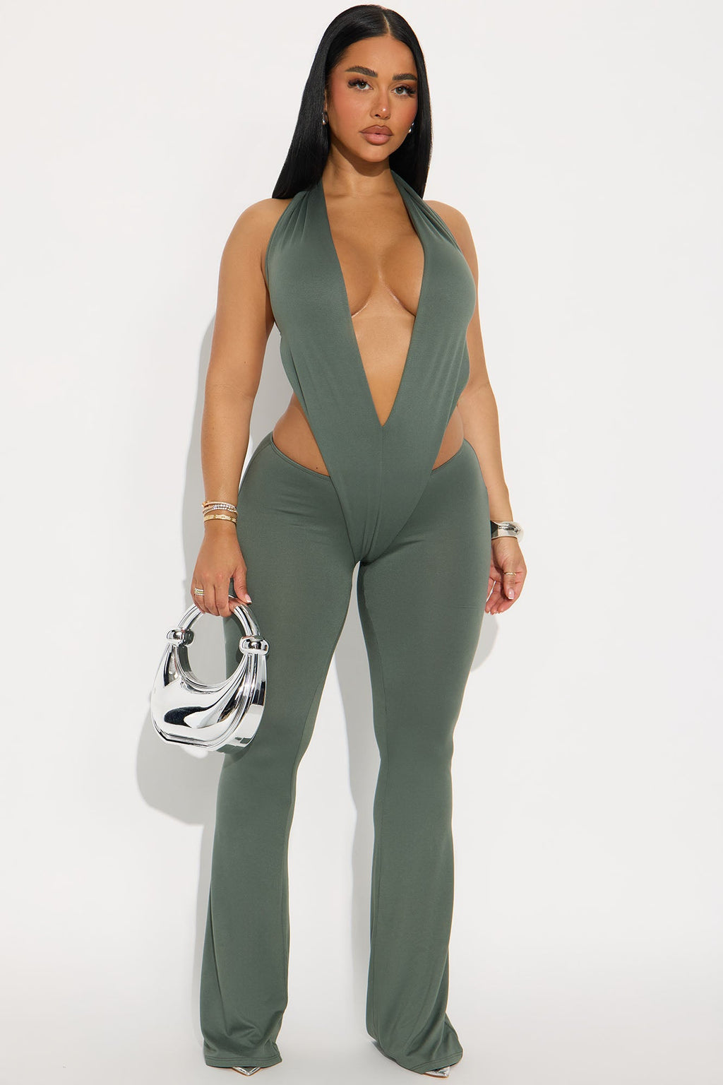 Kiss and Run Halter Flare Leg Jumpsuit - Olive