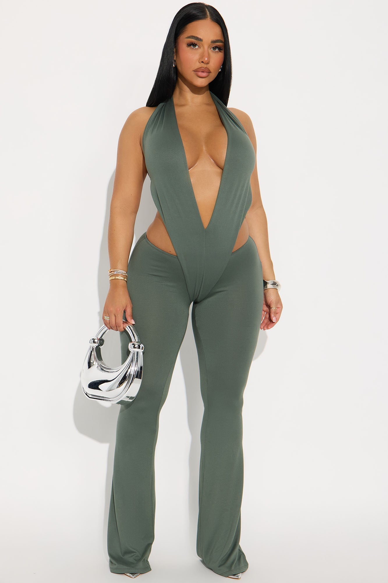 Kiss and Run Halter Flare Leg Jumpsuit - Olive