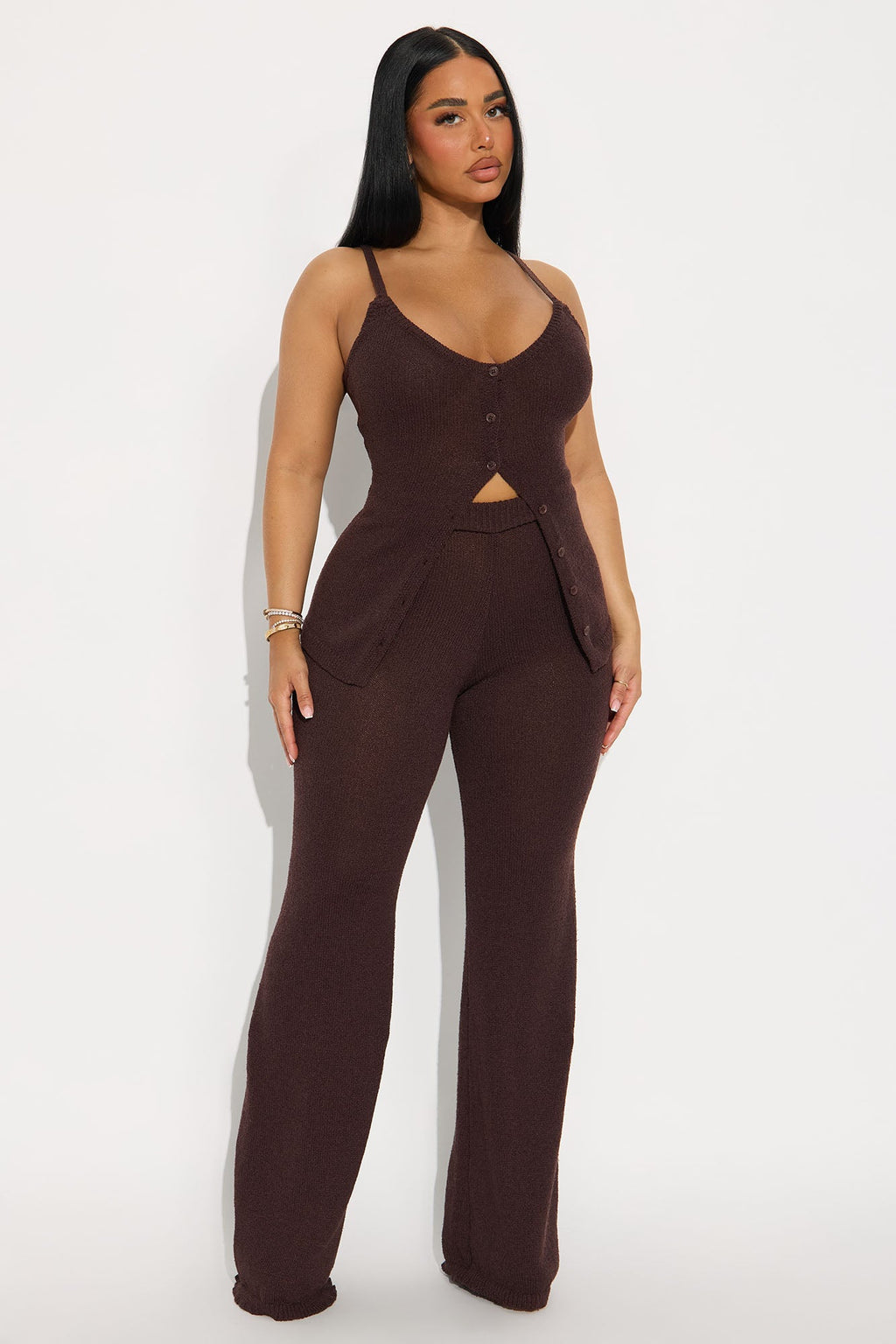 Bella Button Front Knit Pant Set - Chocolate