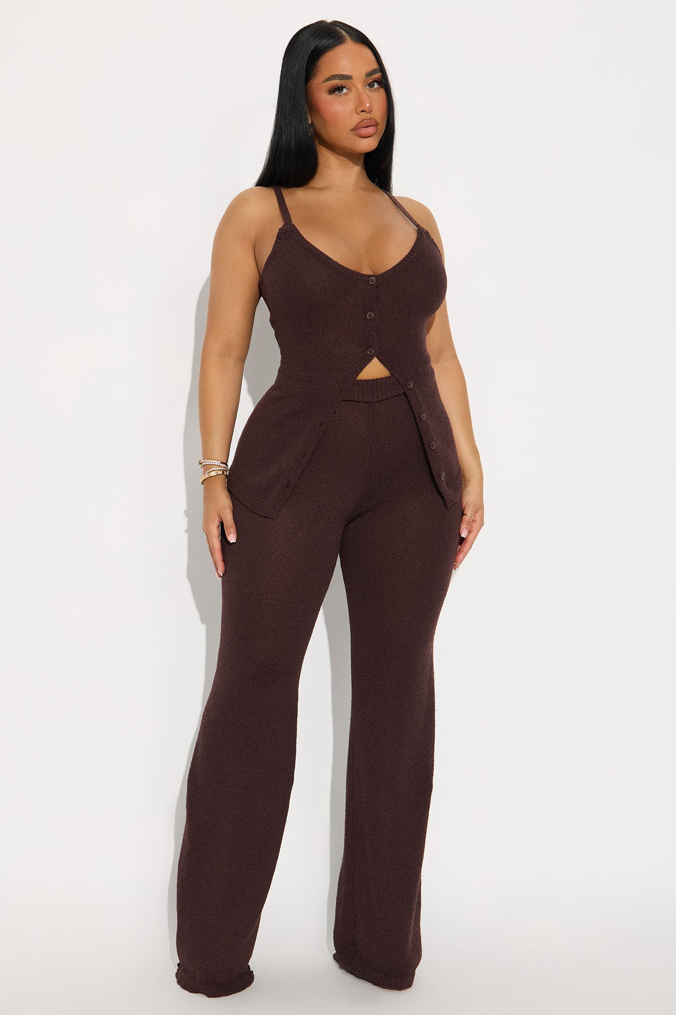Bella Button Front Knit Pant Set - Chocolate