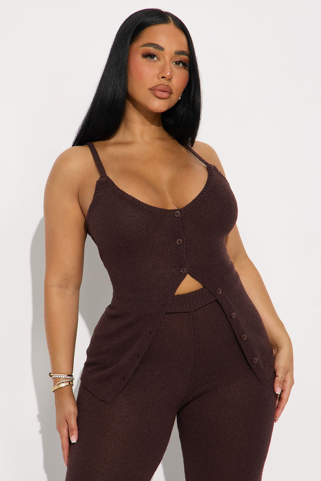 Bella Button Front Knit Pant Set - Chocolate