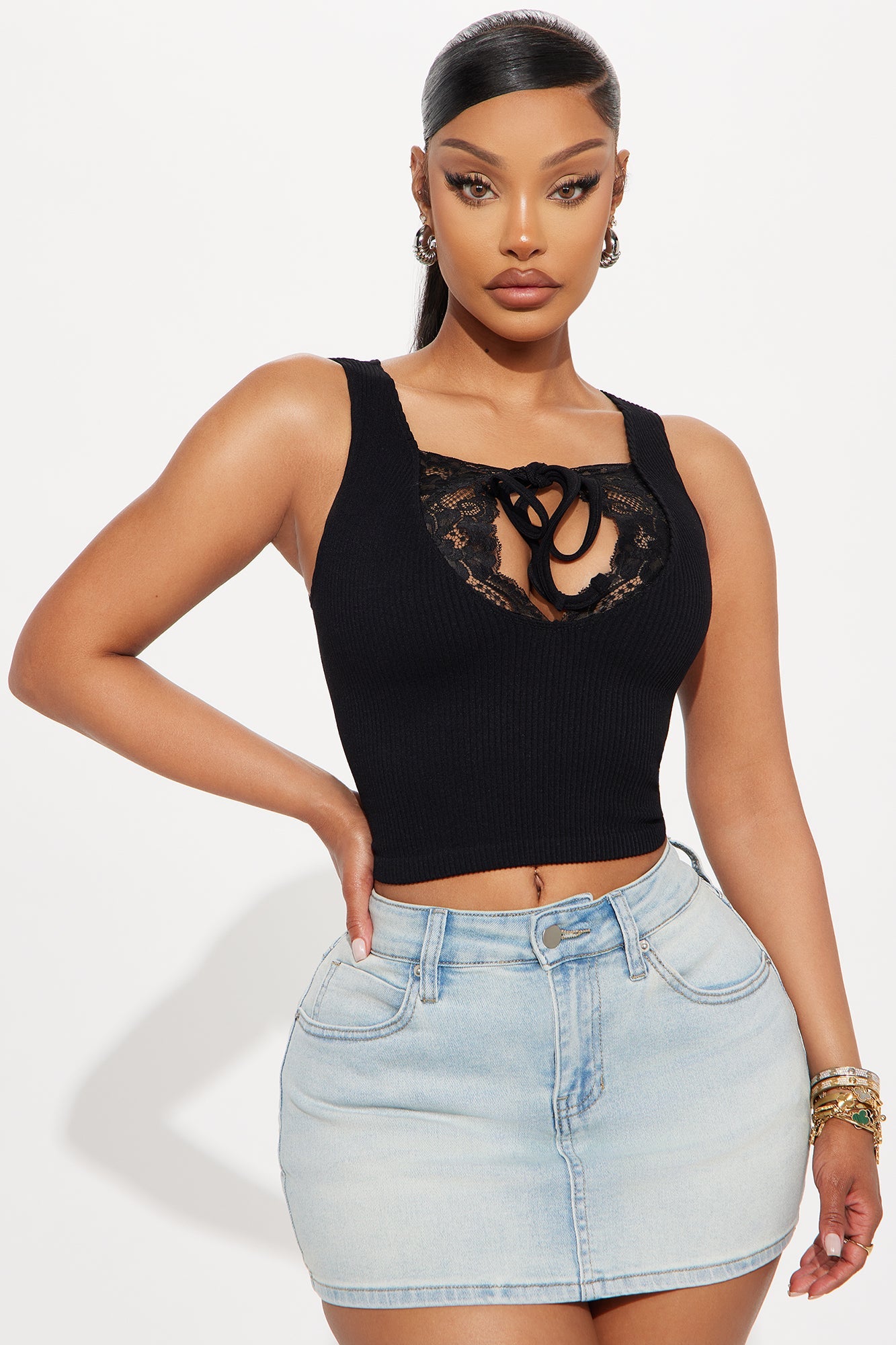 Liv Lace Trim Seamless Tank Top - Black
