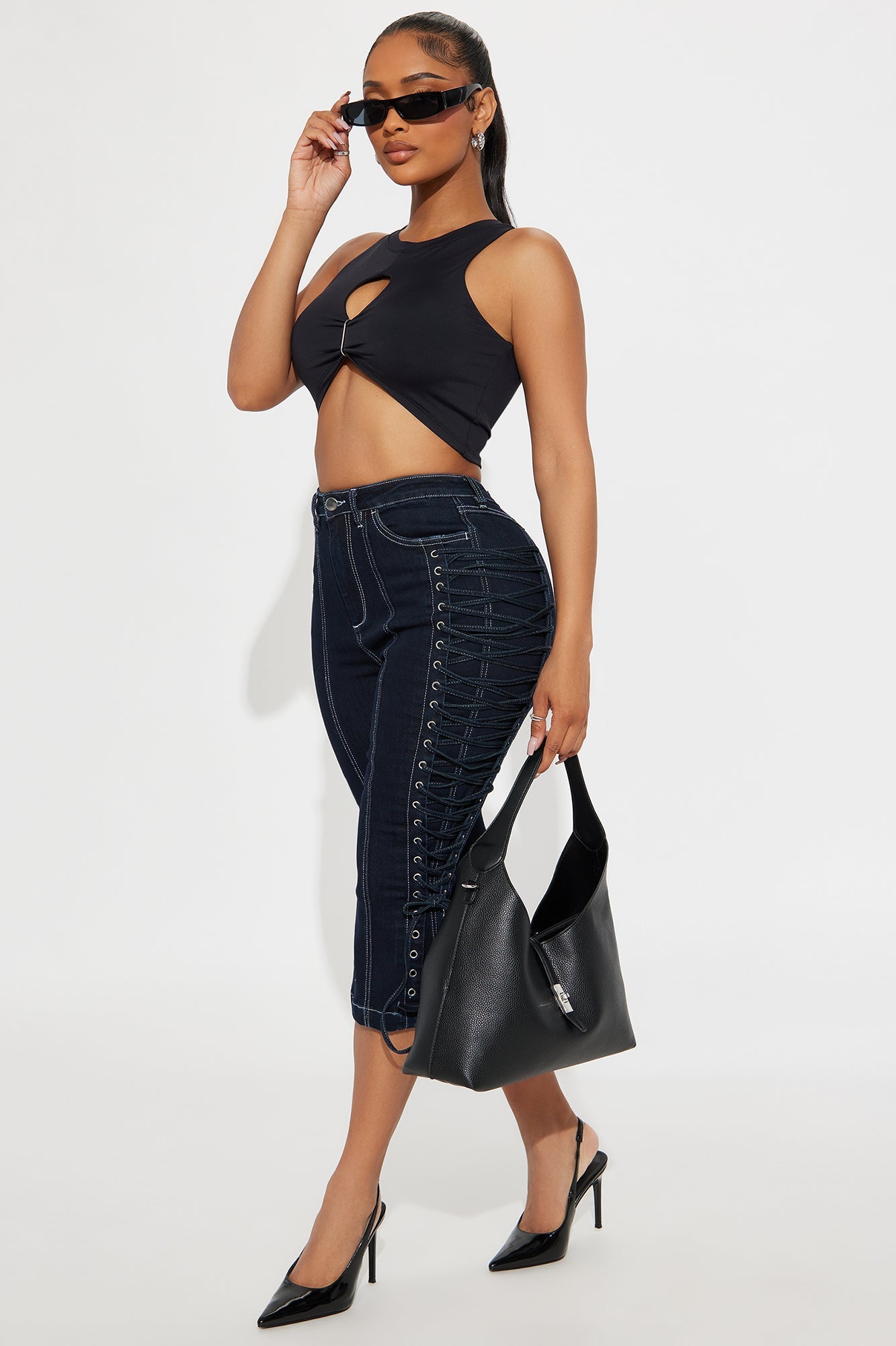 Laced Up Capri Kick Flare Jeans - Dark Wash