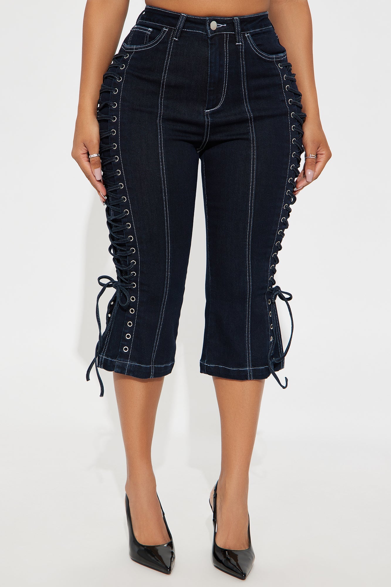 Laced Up Capri Kick Flare Jeans - Dark Wash