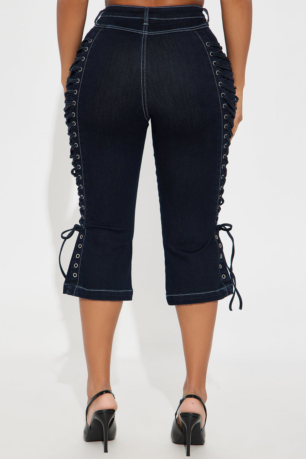 Laced Up Capri Kick Flare Jeans - Dark Wash