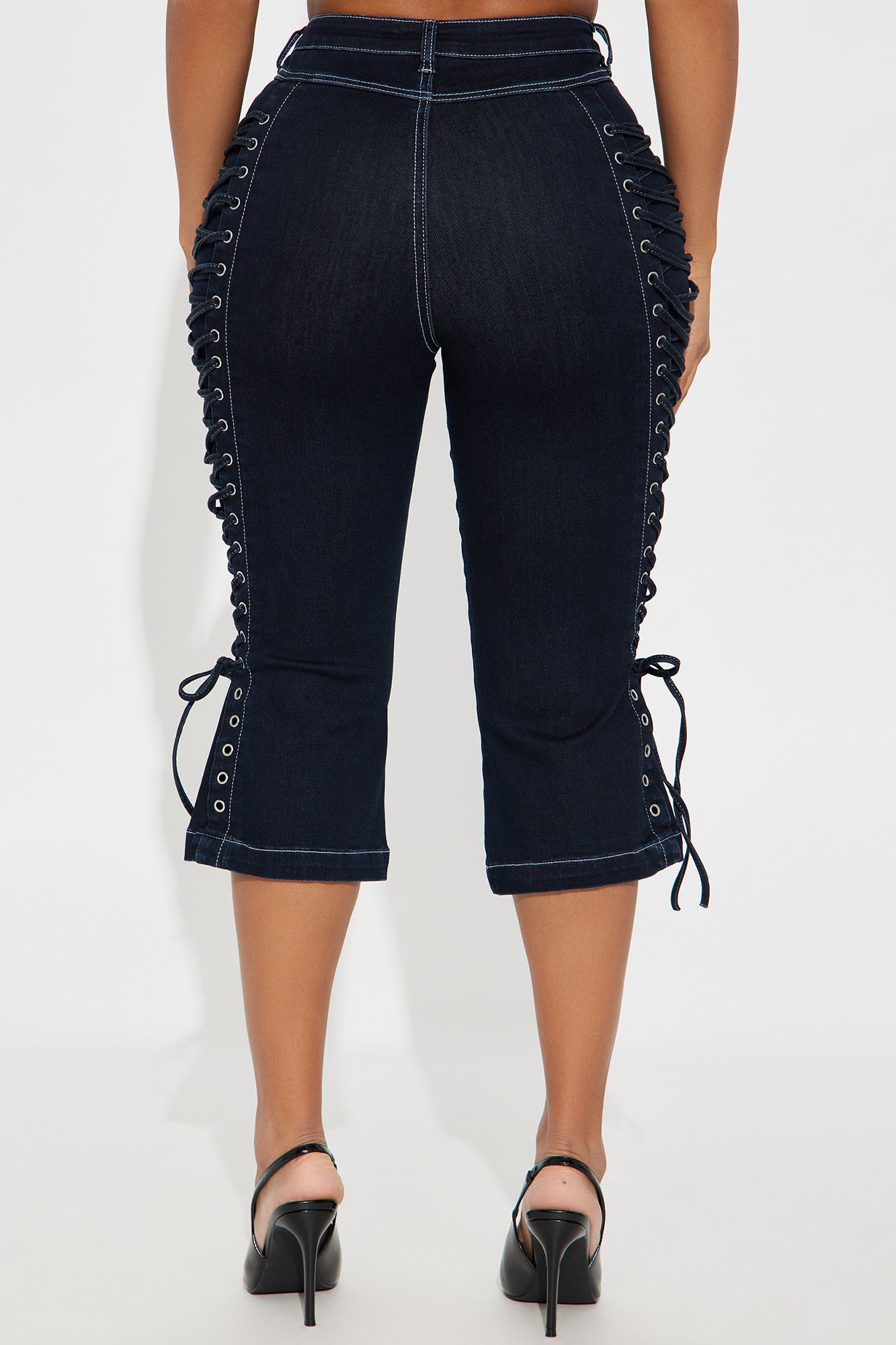 Laced Up Capri Kick Flare Jeans - Dark Wash