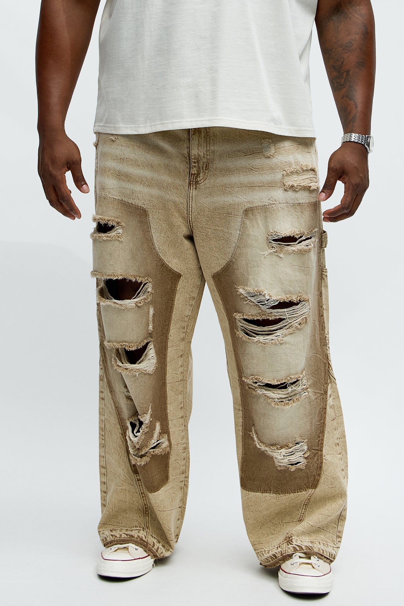 Fall Black Distressed Carpenter Baggy Jeans - Brown