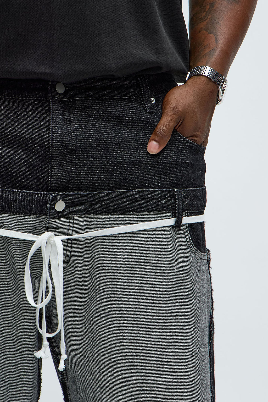Baggy Double Waisted Panel Jeans - Black/combo