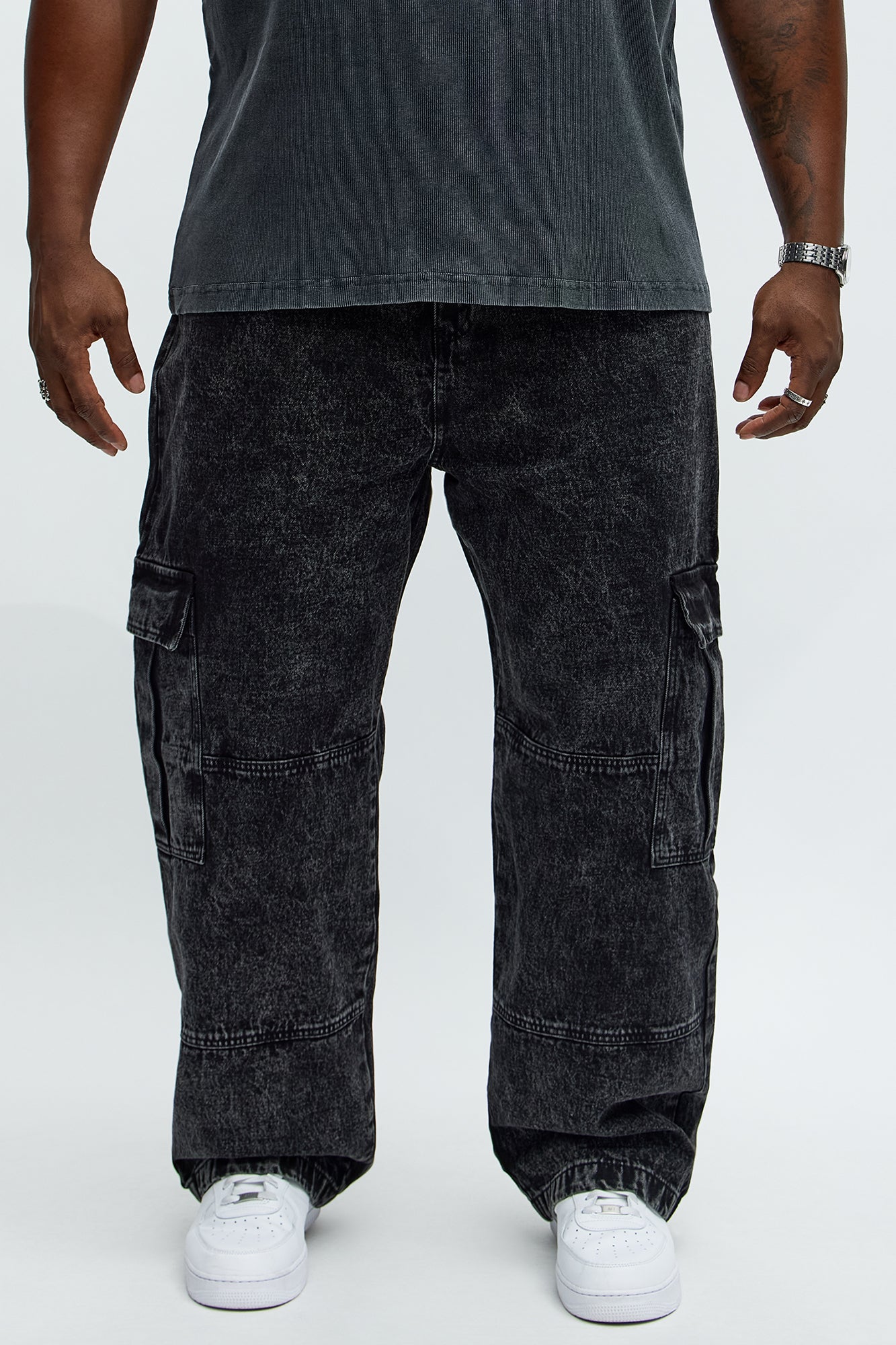 Baggy Minor Panel Cargo Jeans - Black Wash