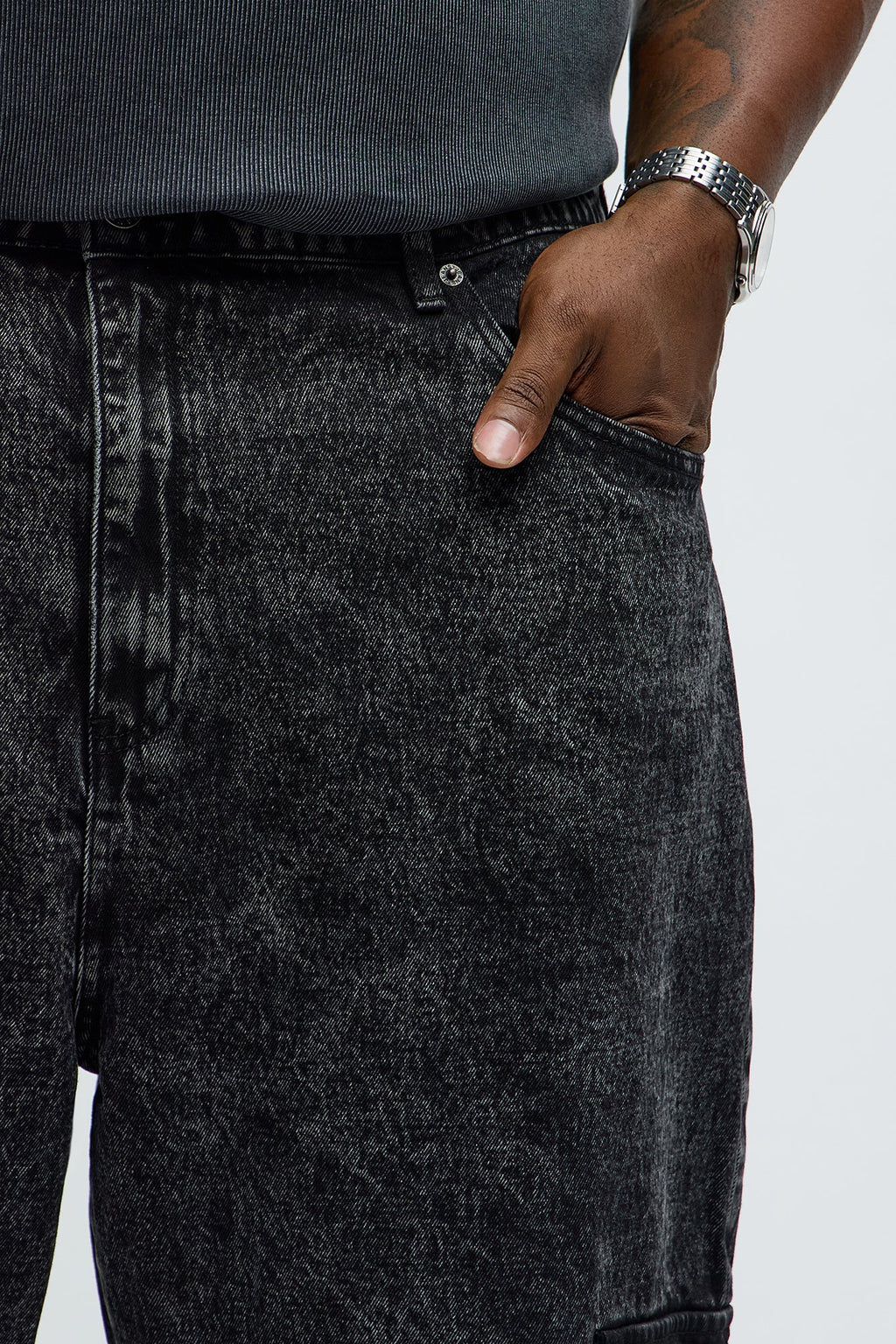 Baggy Minor Panel Cargo Jeans - Black Wash