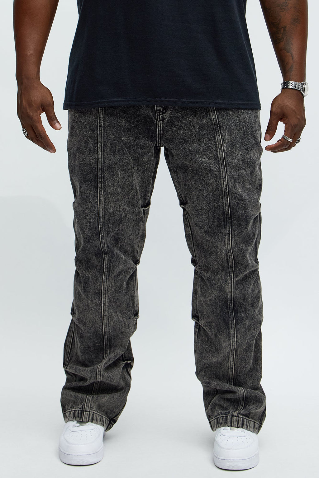 Stacked Slim Flare Gathered Jeans - Black Wash