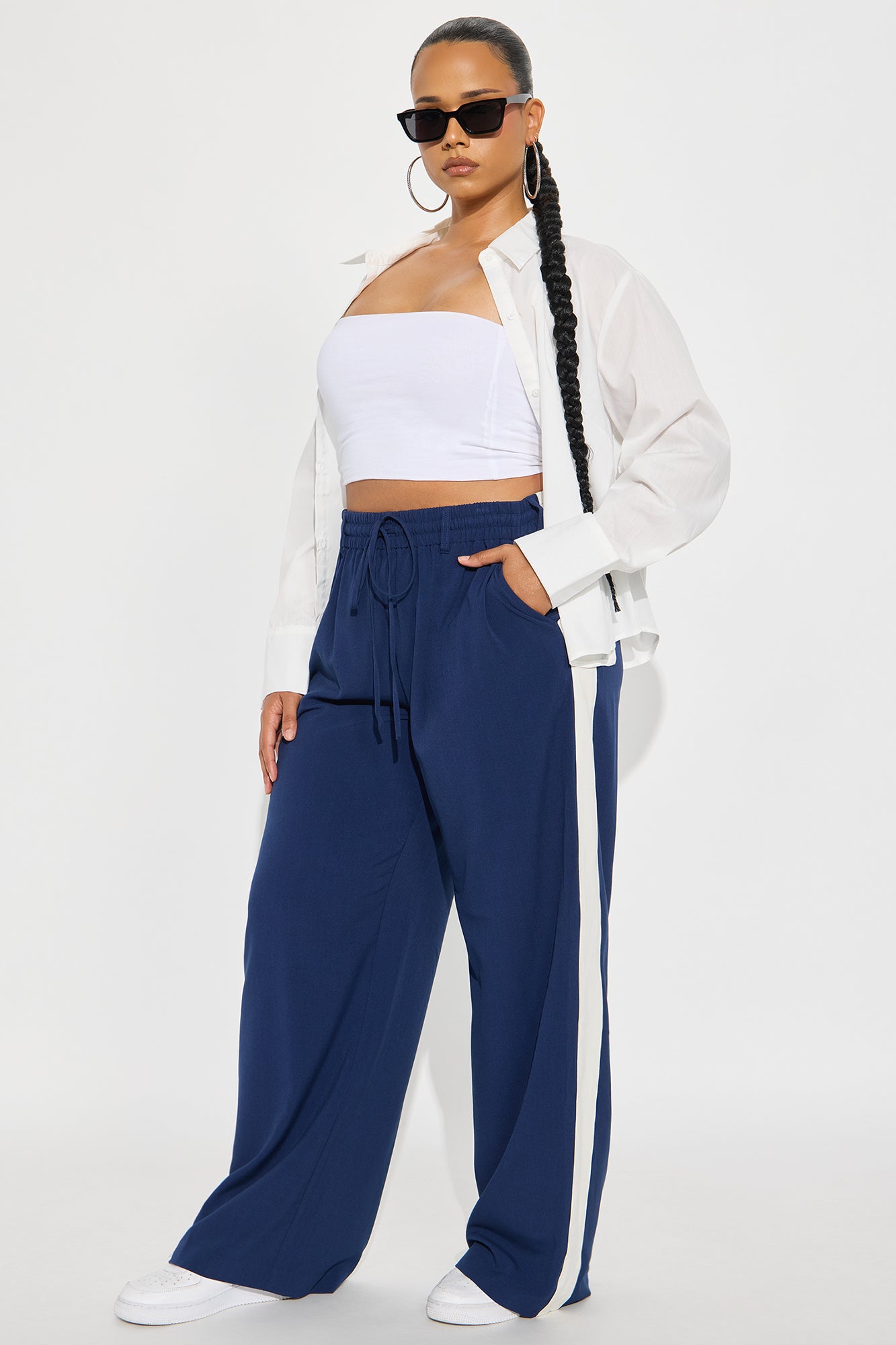 On Track Wide Leg Woven Side Stripe Pants - Navy