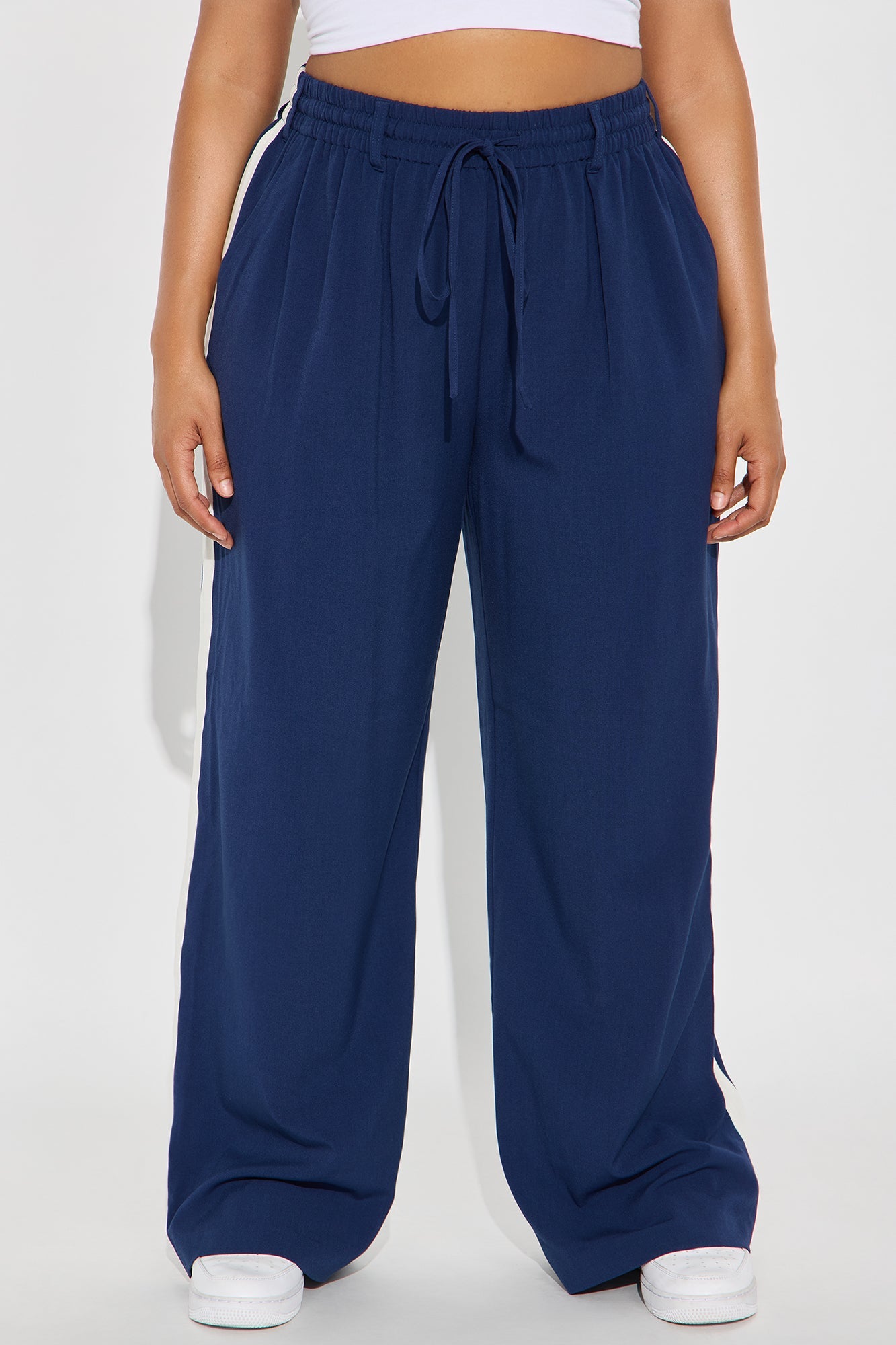 On Track Wide Leg Woven Side Stripe Pants - Navy