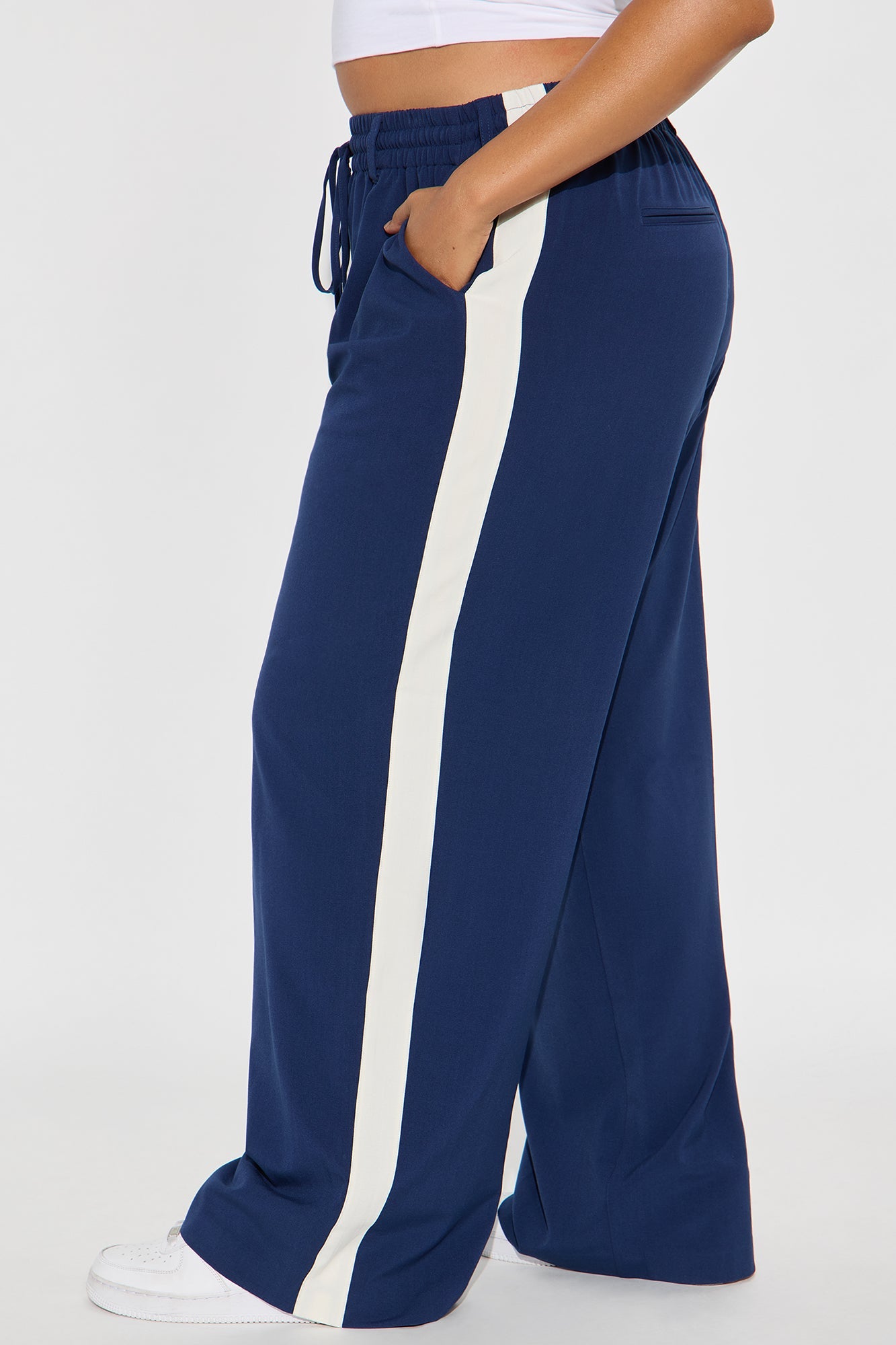 On Track Wide Leg Woven Side Stripe Pants - Navy
