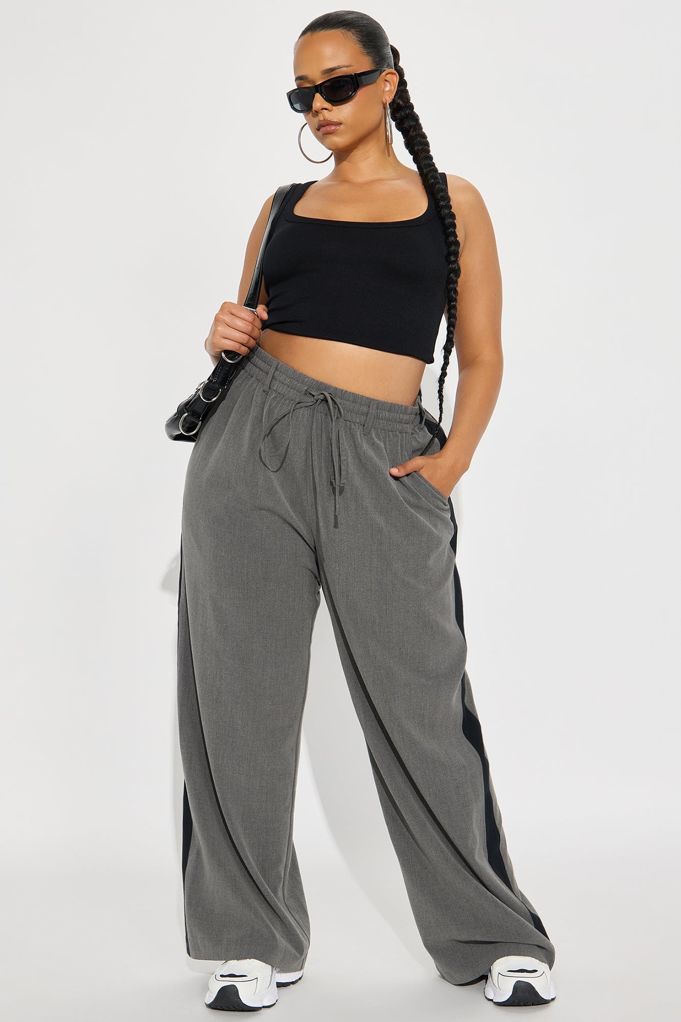 On Track Wide Leg Woven Side Stripe Pants - Charcoal