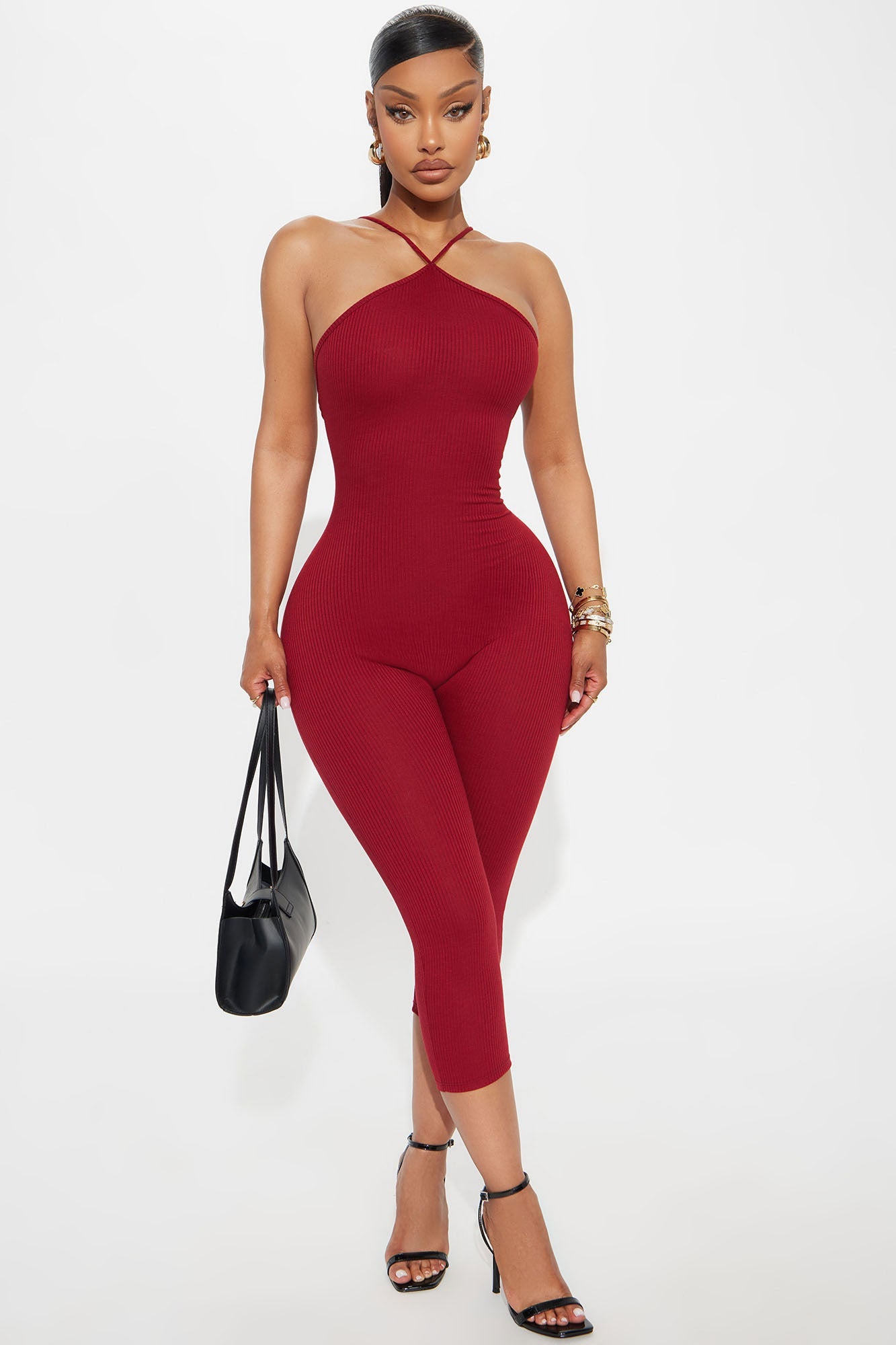 On Your Mind Heavy Ribbed Capri Jumpsuit - Burgundy