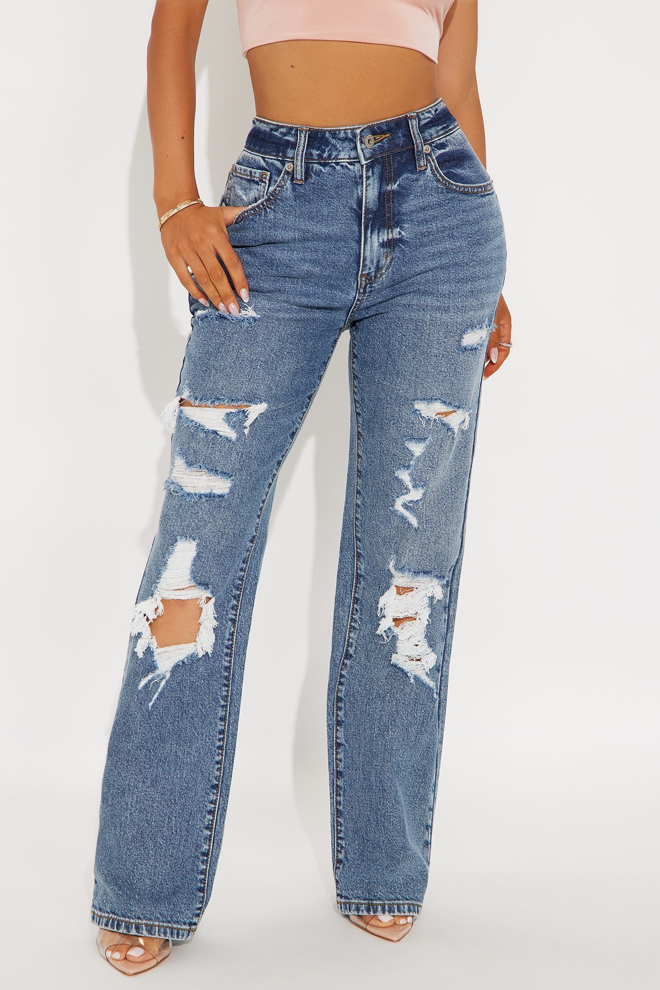 Petite Posted Stretch Ripped Straight Leg Jeans - Medium Wash