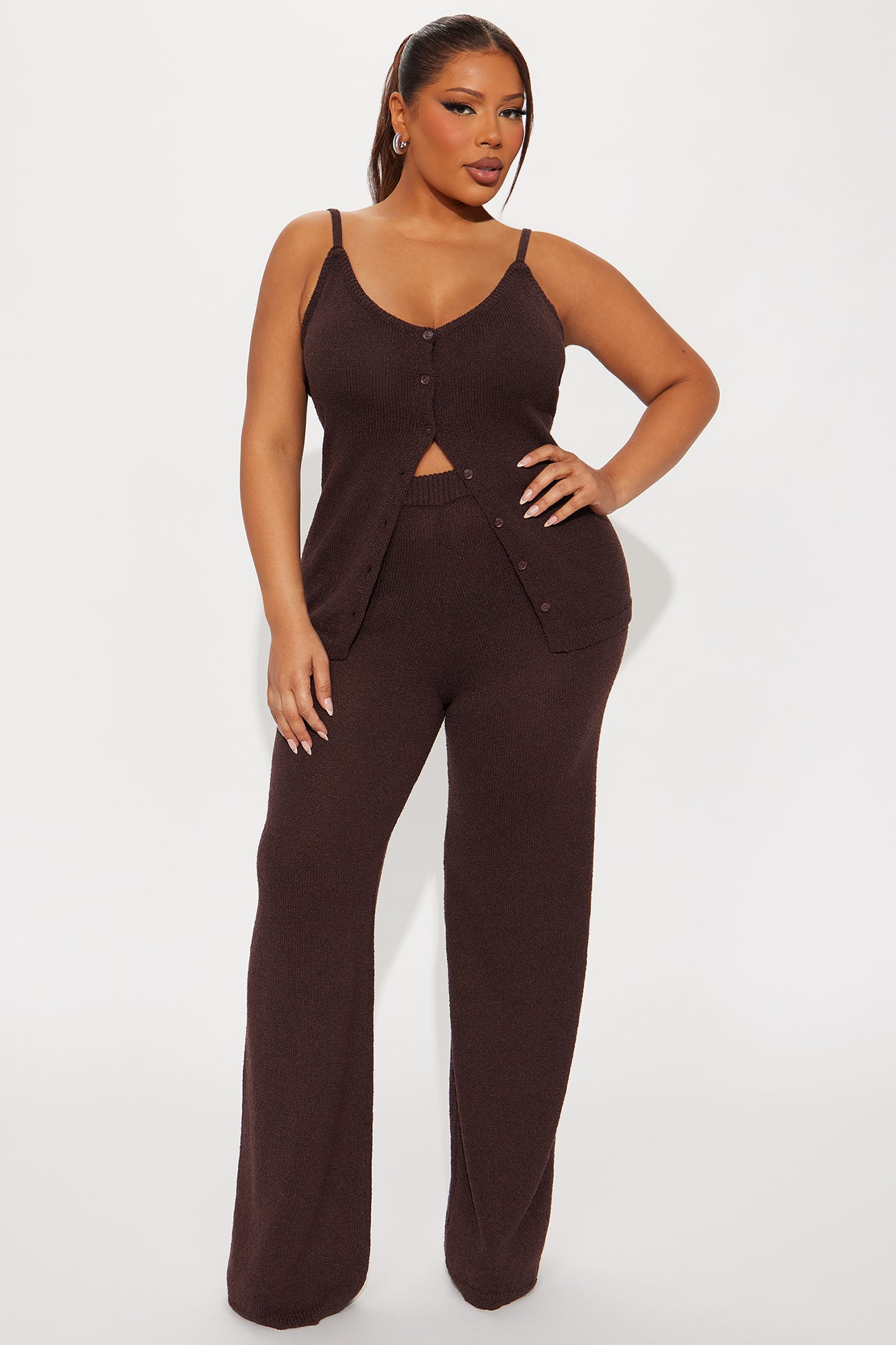 Bella Button Front Knit Pant Set - Chocolate