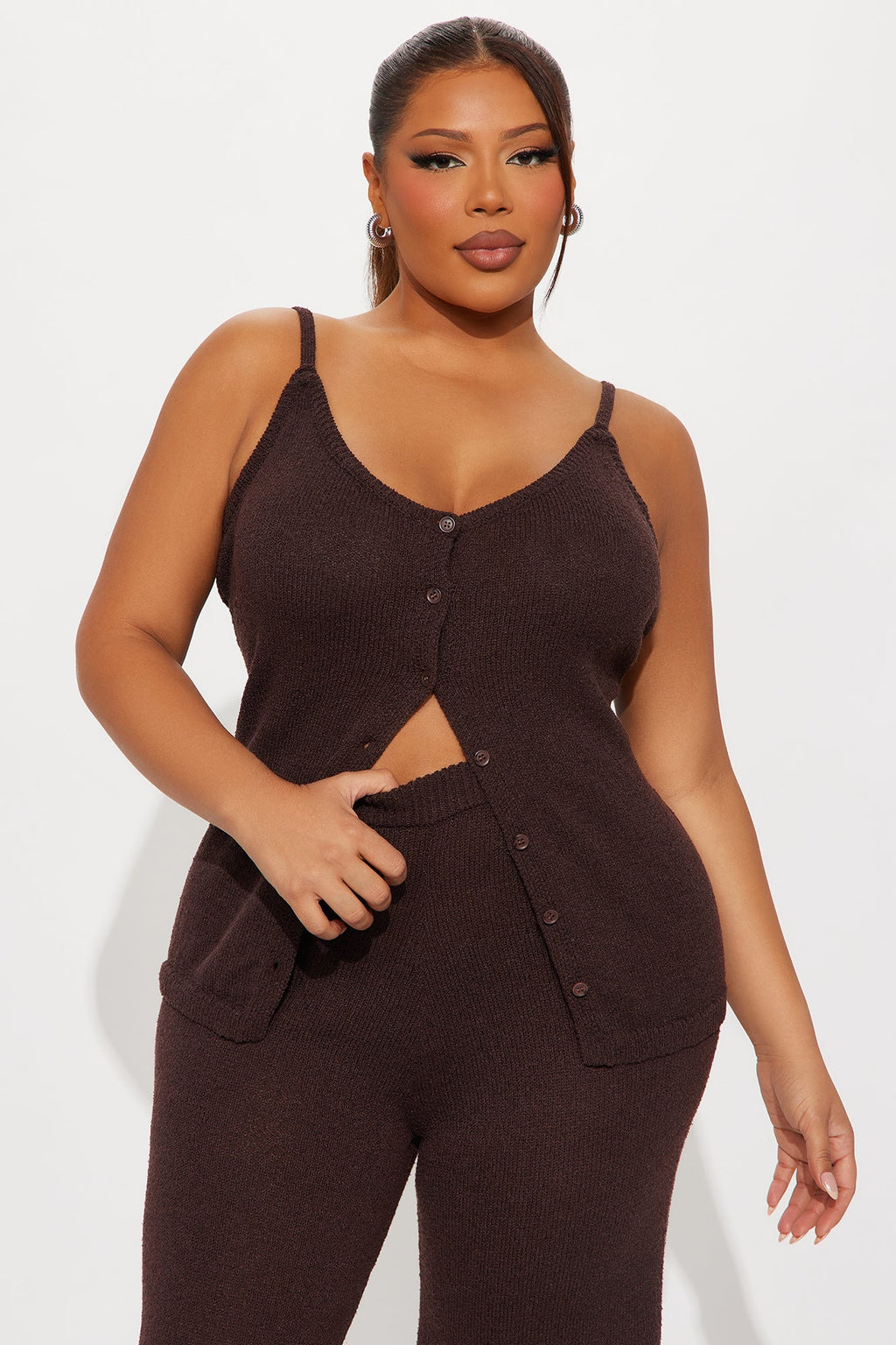 Bella Button Front Knit Pant Set - Chocolate
