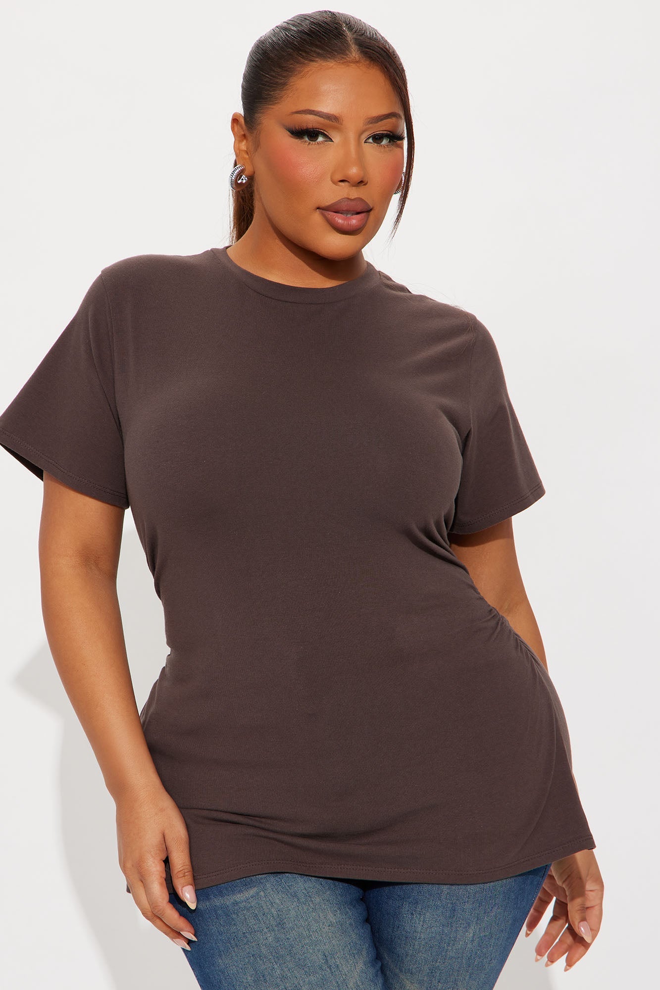 Simply Me Ruched Short Sleeve T-Shirt - Chocolate