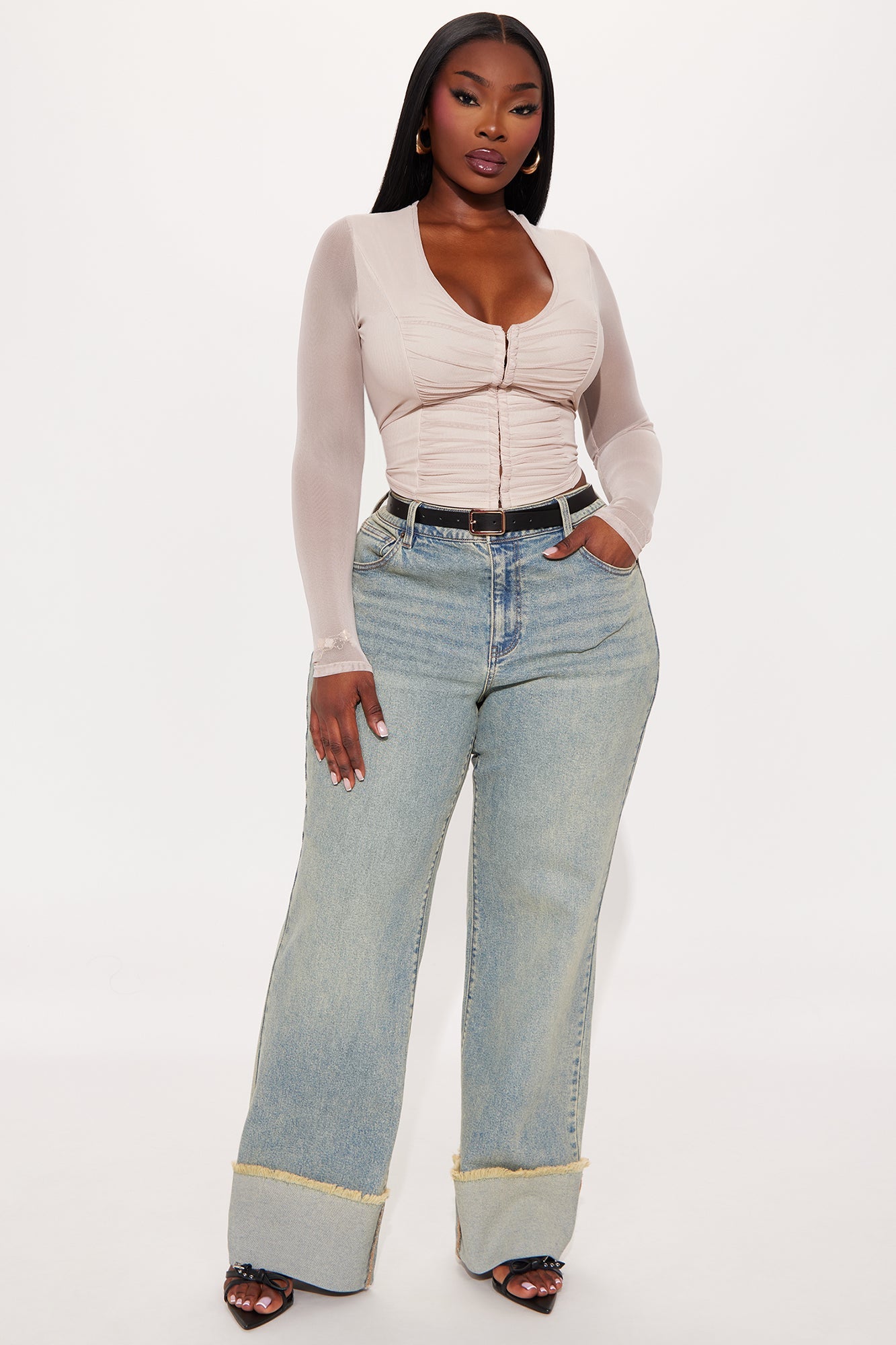 Paloma Ruched Hook And Eye Mesh Top - Stone
