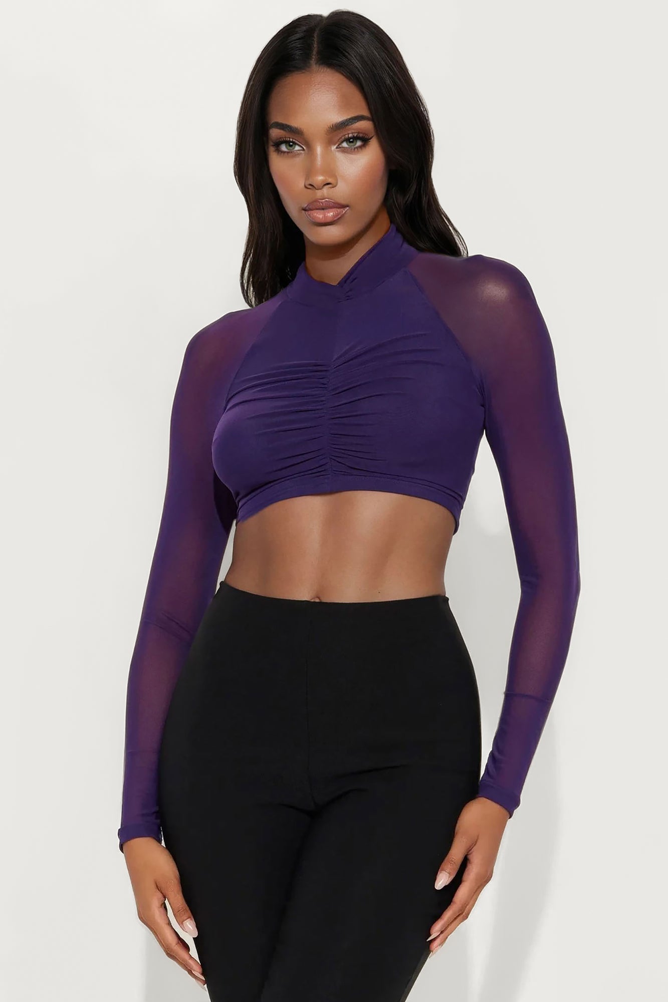Aitana Mesh Turtle Neck Long Sleeve Top - Purple