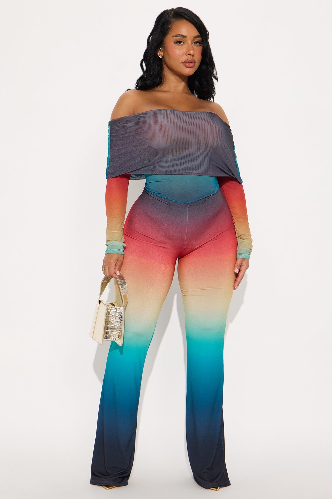 Eclectic Mesh Off Shoulder Flare Leg Pant Set - Multi Color