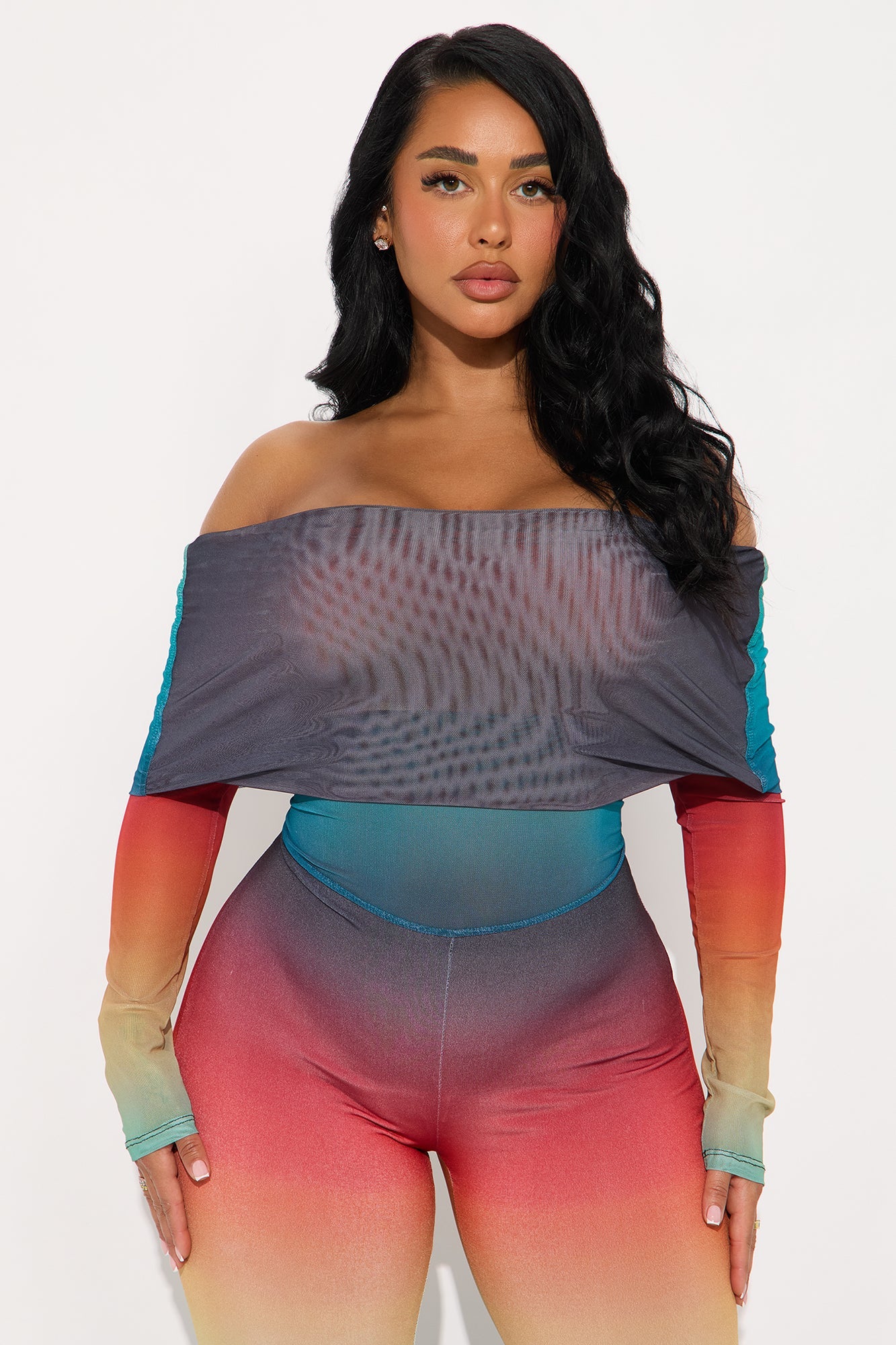 Eclectic Mesh Off Shoulder Flare Leg Pant Set - Multi Color