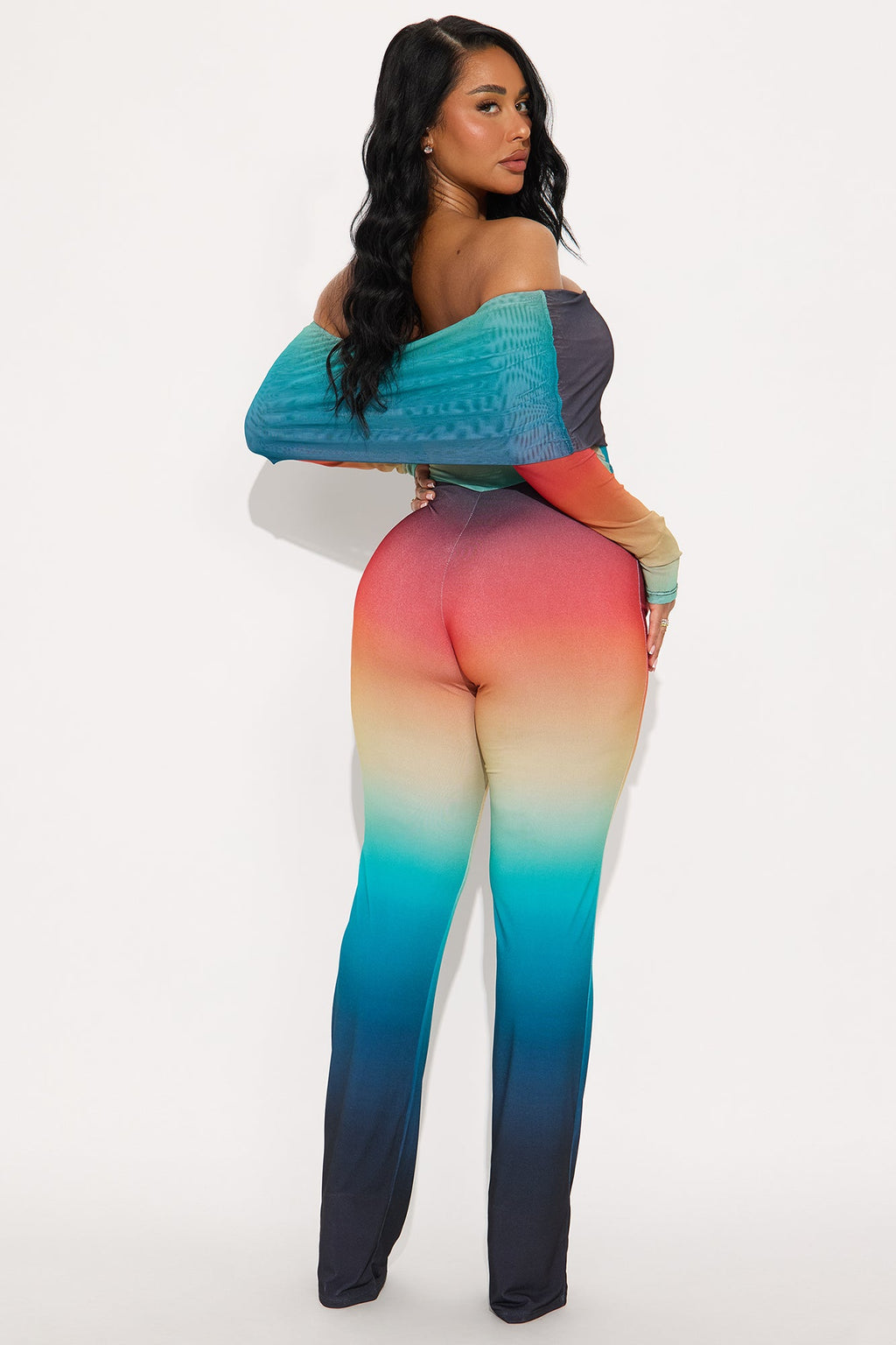 Eclectic Mesh Off Shoulder Flare Leg Pant Set - Multi Color