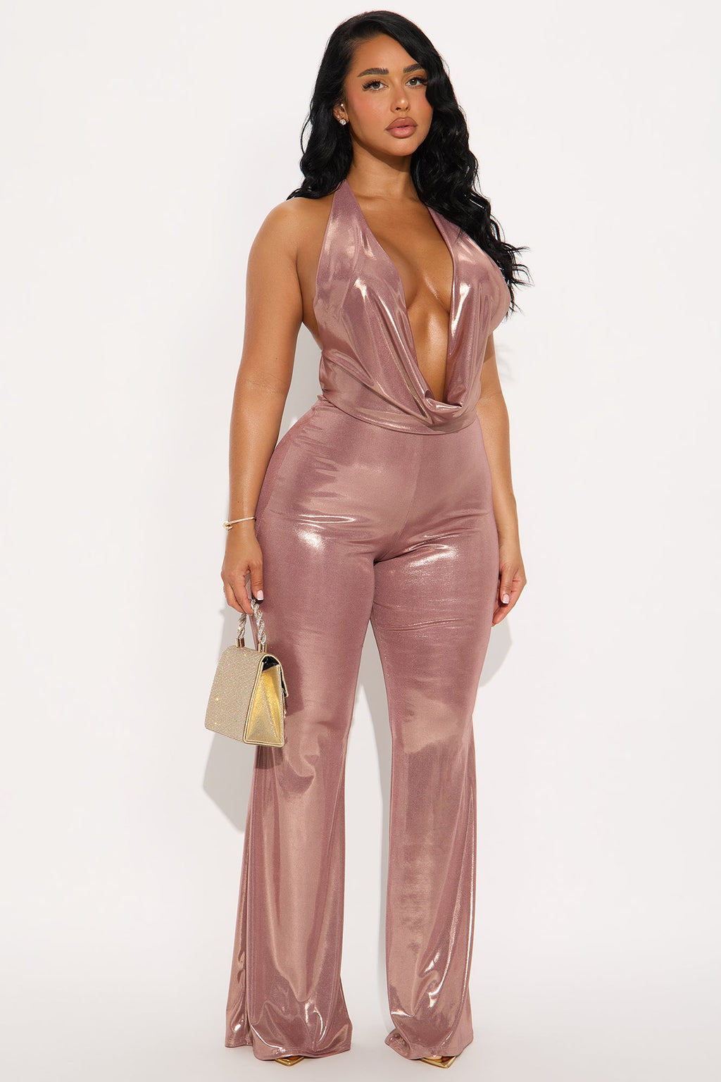 Mia Metallic Halter Jumpsuit - Rose Gold