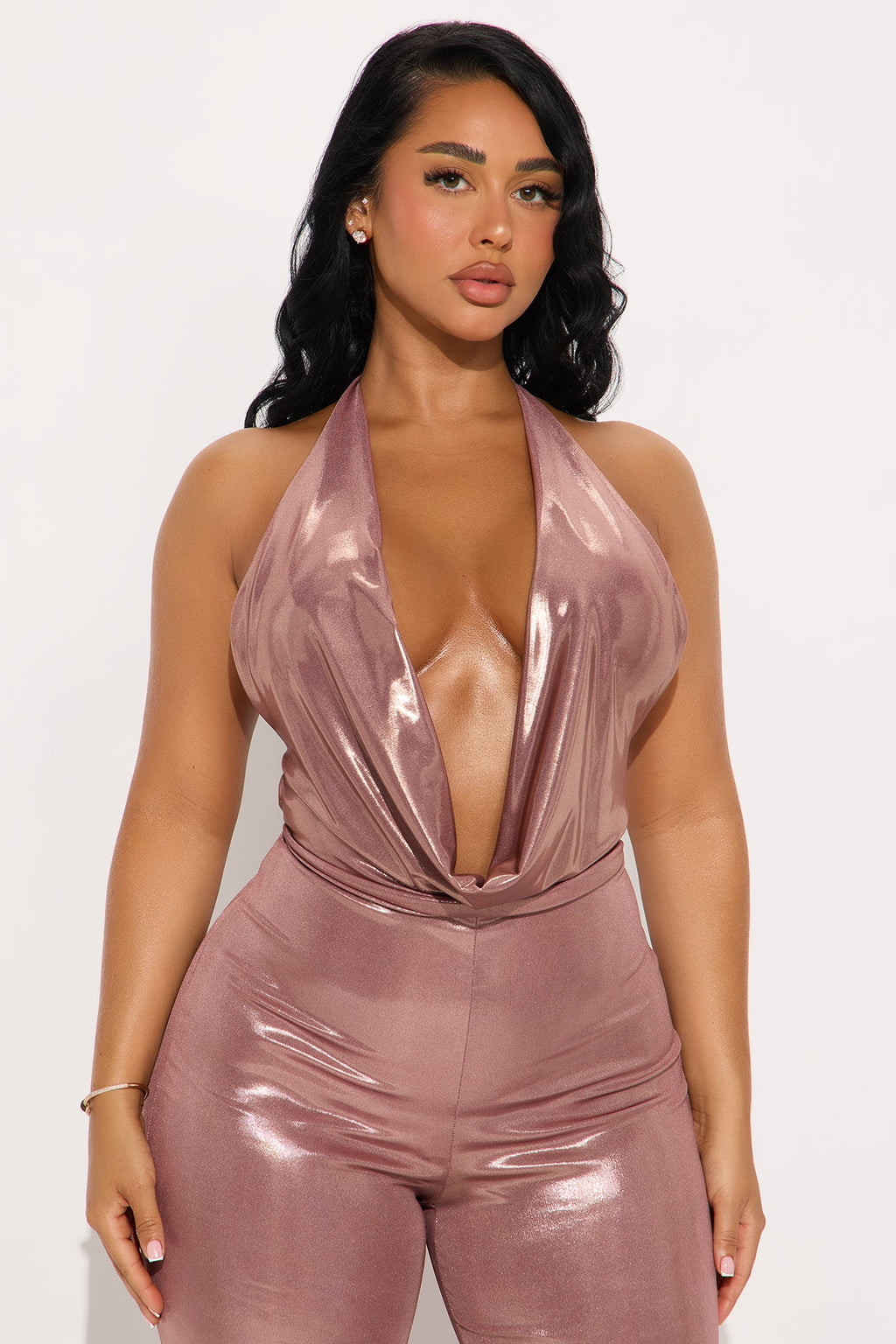 Mia Metallic Halter Jumpsuit - Rose Gold