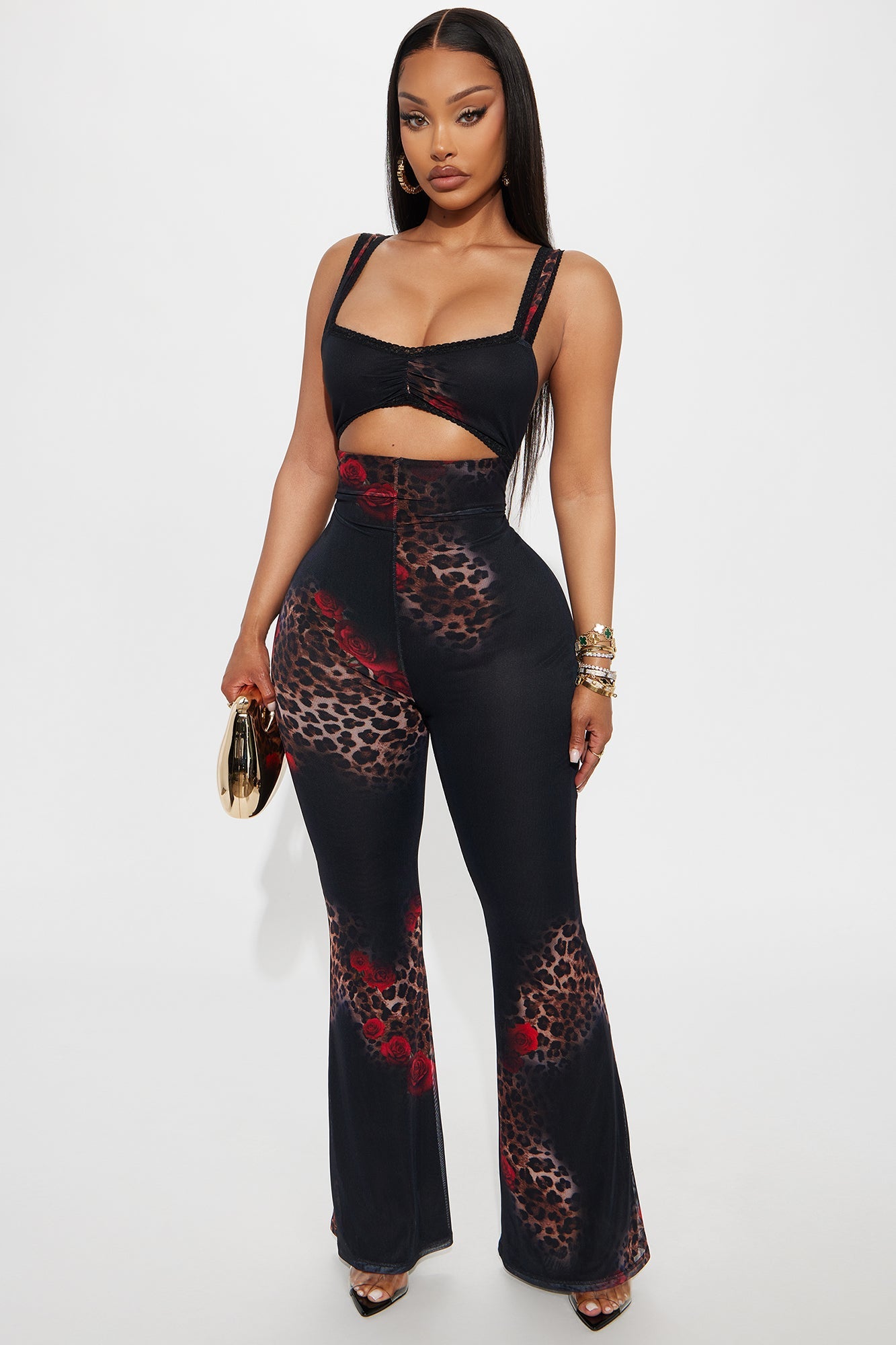 Eclipse Heat Leopard Mesh Flare Leg Jumpsuit - Black/combo