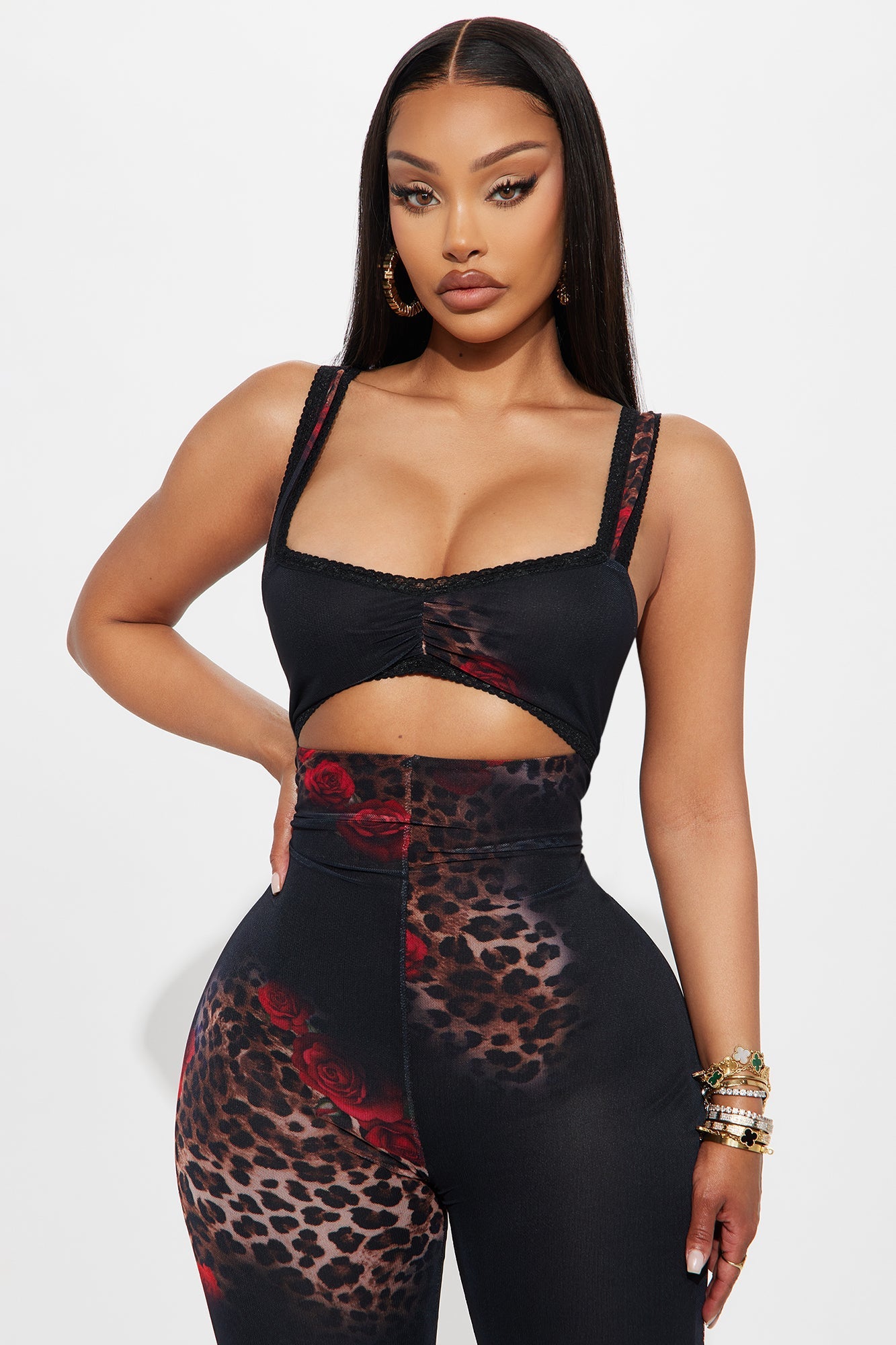 Eclipse Heat Leopard Mesh Flare Leg Jumpsuit - Black/combo