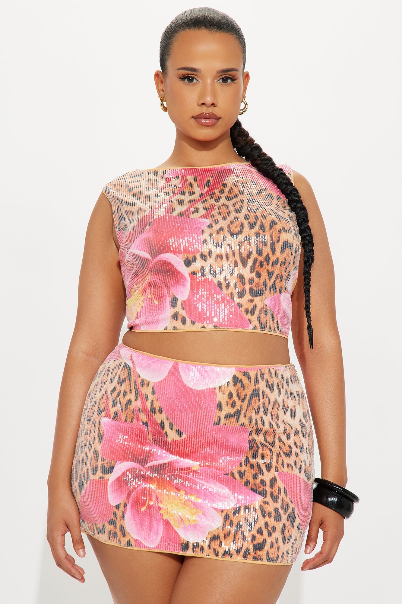 Exotic Bloom Sequin Leopard Skirt Set - Brown Combo