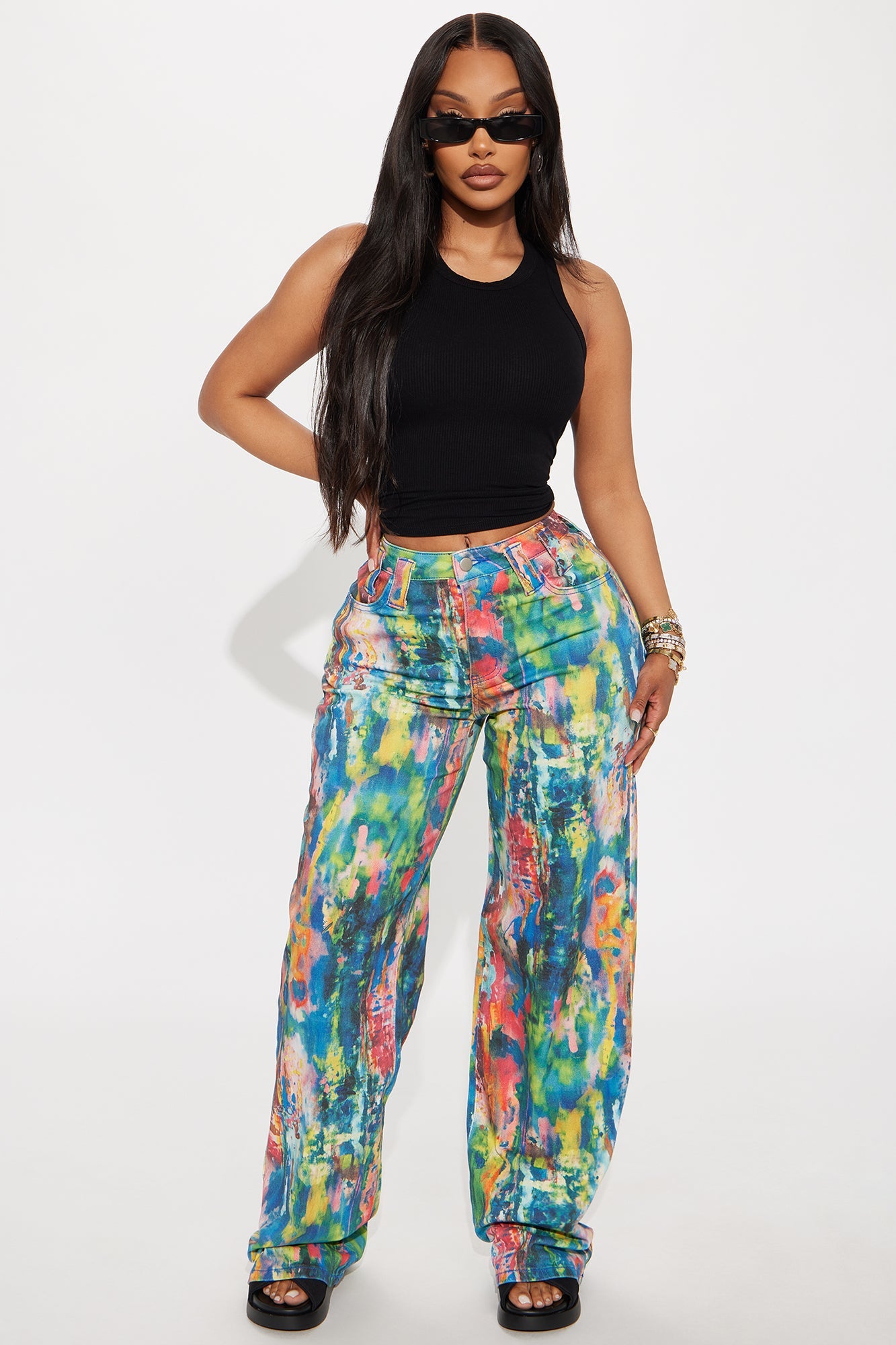 Tripped Up Printed Wide Leg Jeans - Multi Color