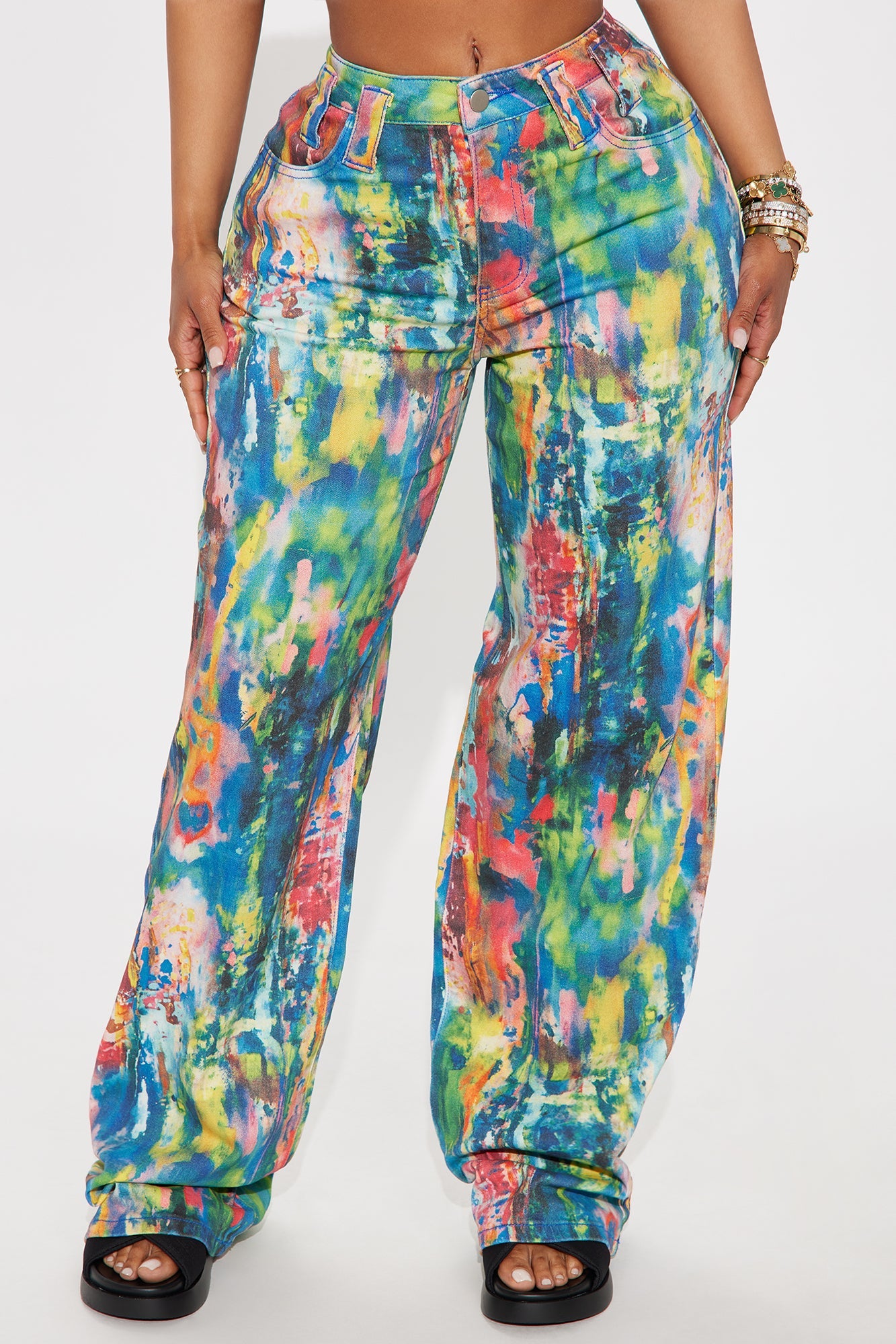 Tripped Up Printed Wide Leg Jeans - Multi Color