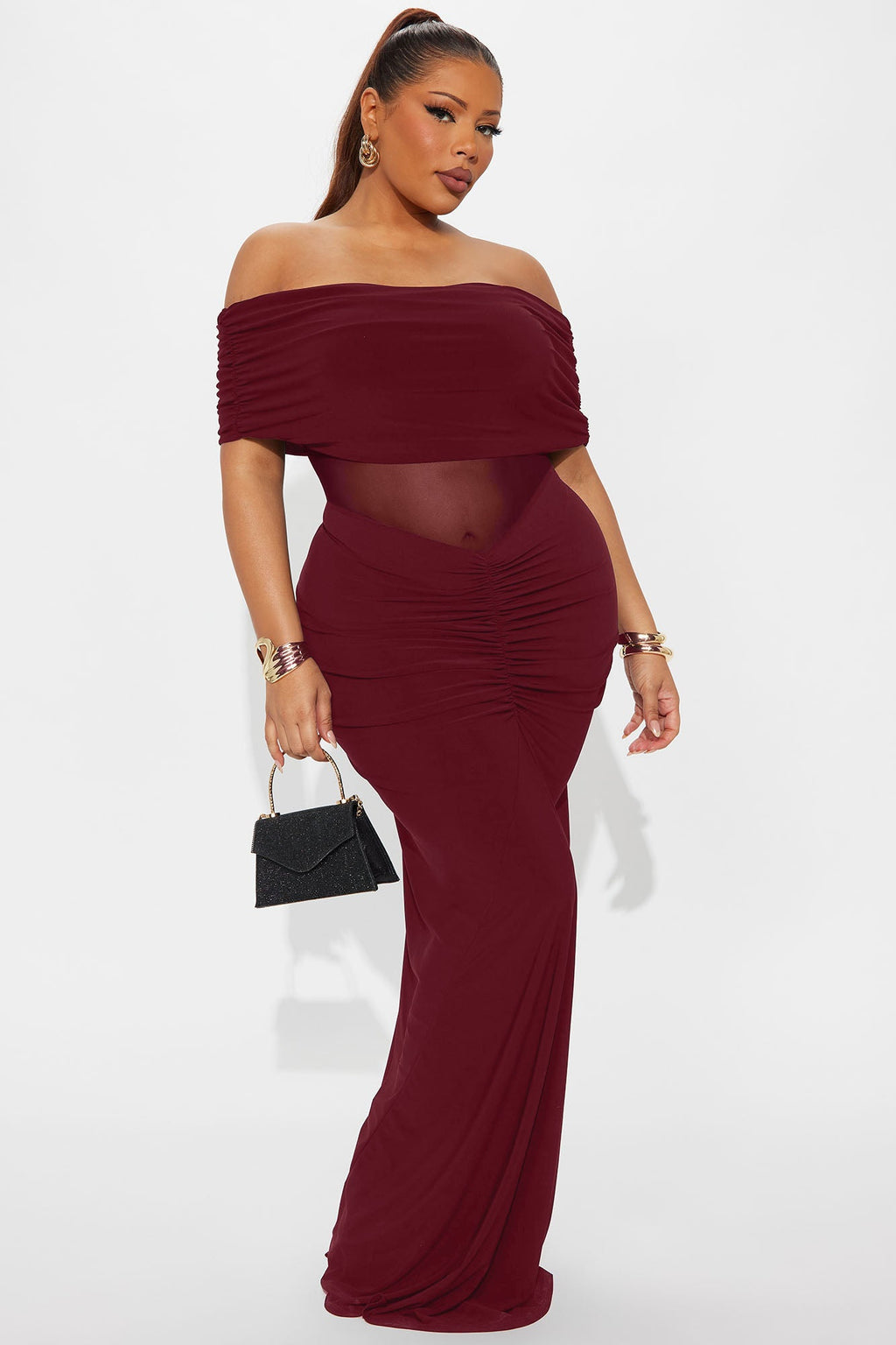 Jesika Ruched Off Shoulder Maxi Dress - Burgundy
