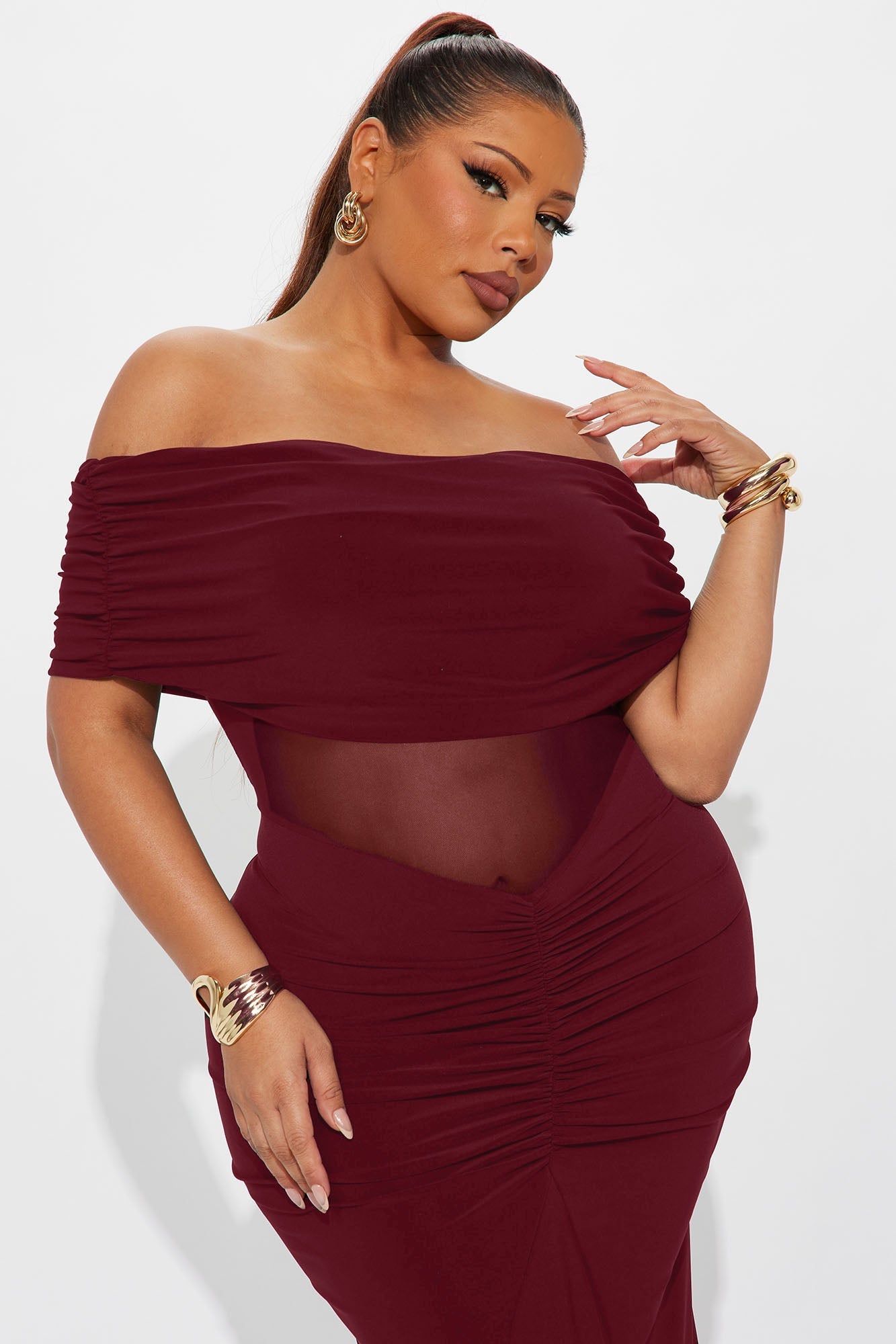 Jesika Ruched Off Shoulder Maxi Dress - Burgundy