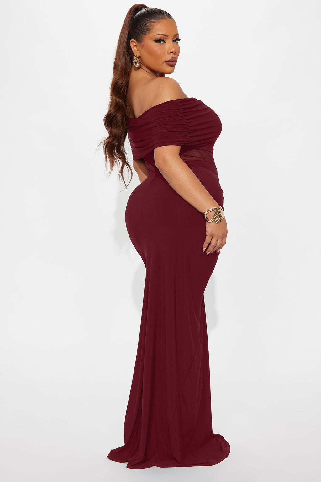 Jesika Ruched Off Shoulder Maxi Dress - Burgundy