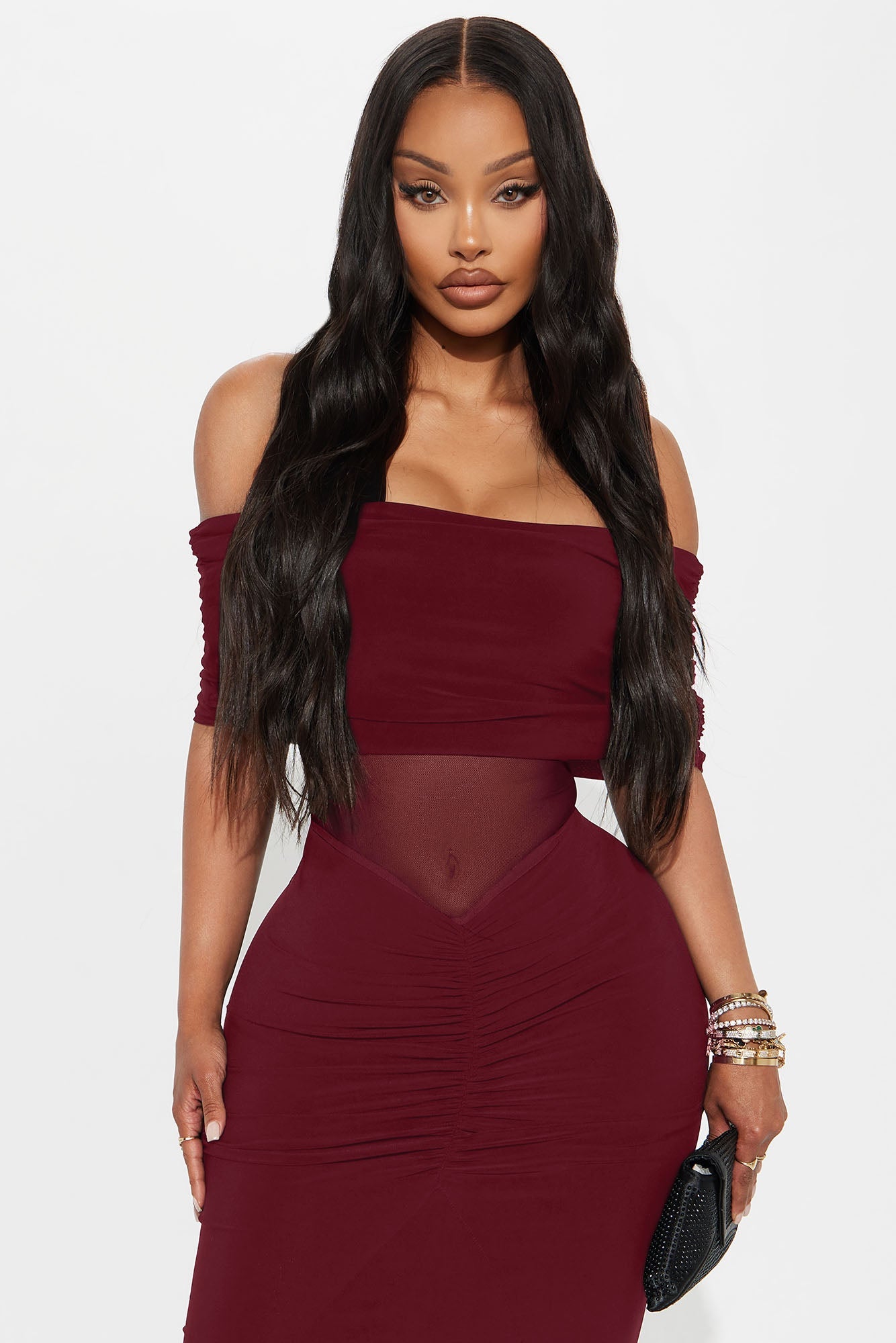 Jesika Ruched Off Shoulder Maxi Dress - Burgundy