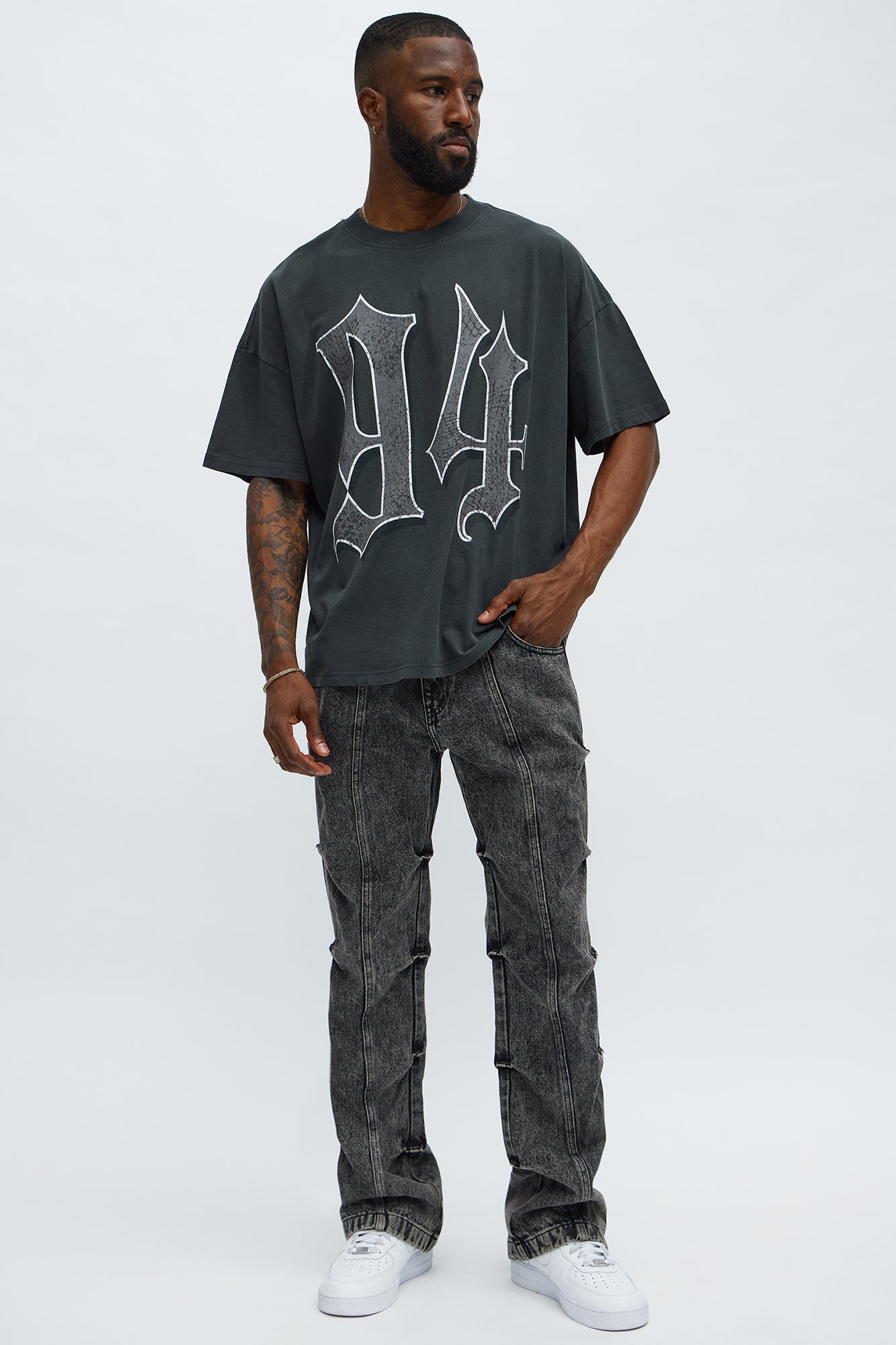 Stacked Slim Flare Gathered Jeans - Black Wash