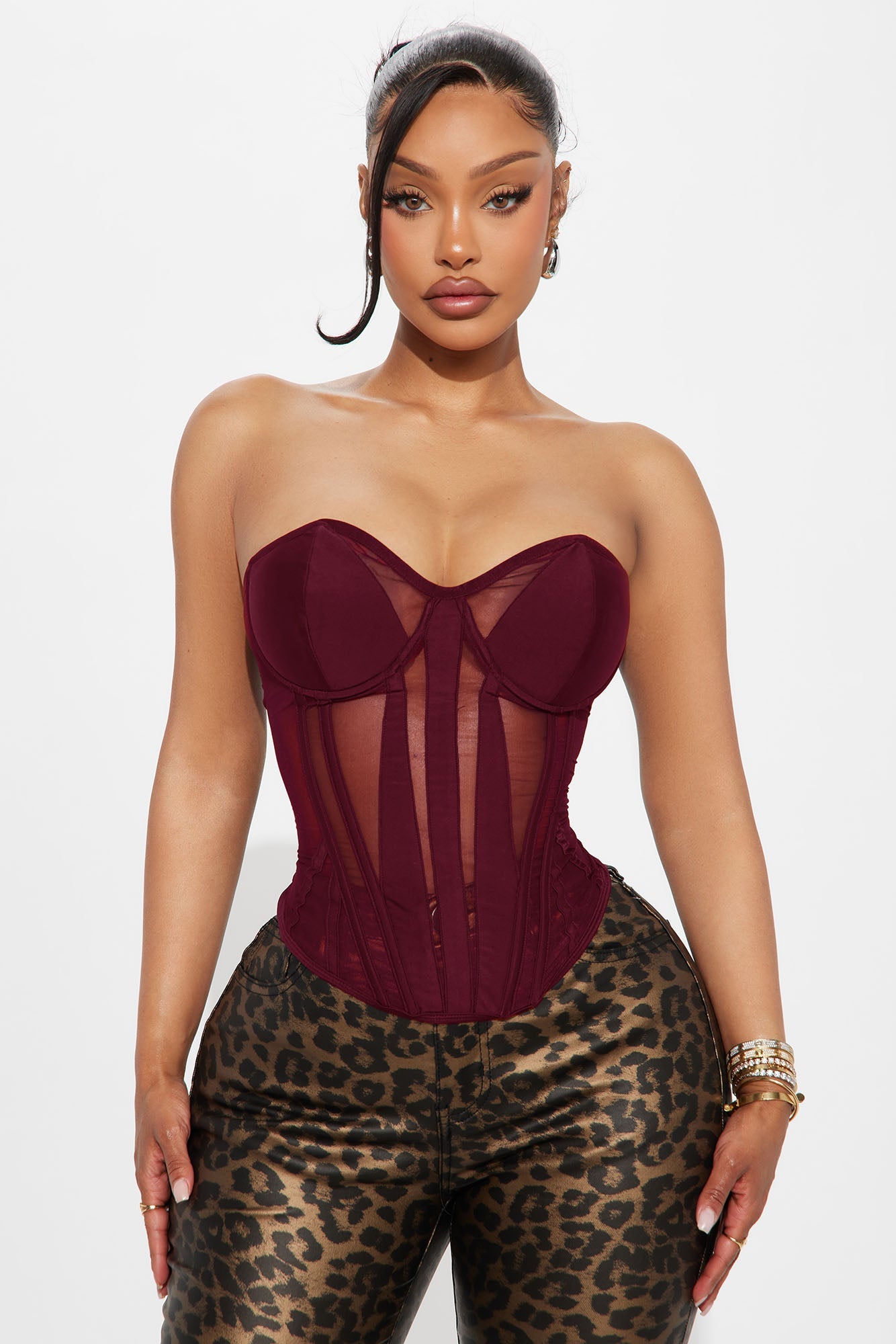 Zelia Mesh Corset Top - Burgundy
