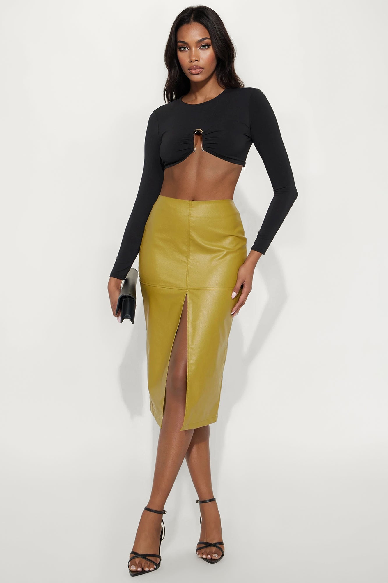 Speakeasy Ruched Long Sleeve Cropped Top - Black