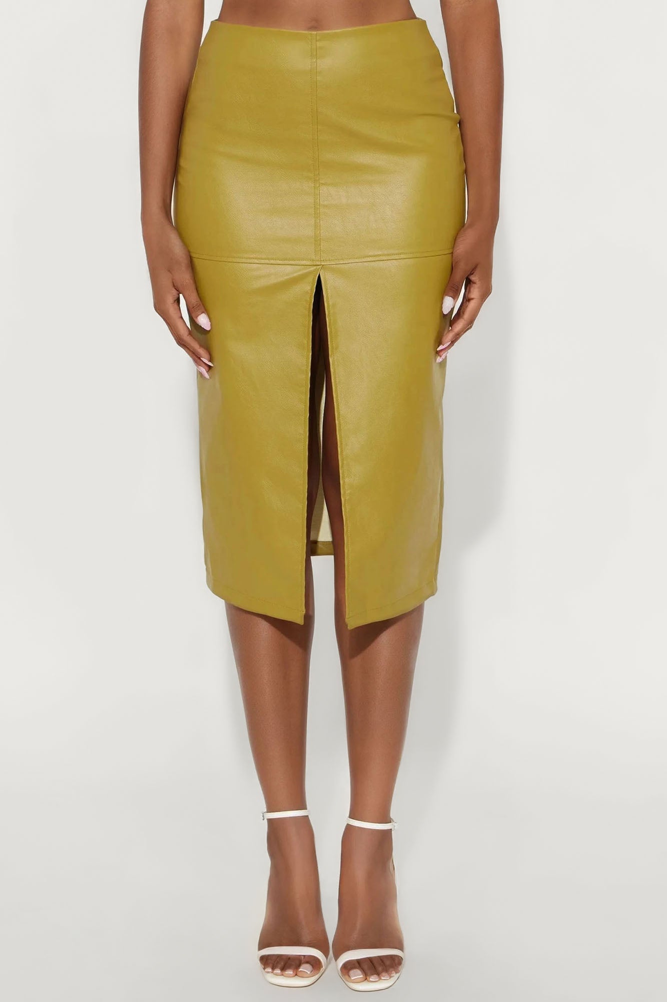 Set You Straight Faux Leather Midi Skirt - Chartreuse